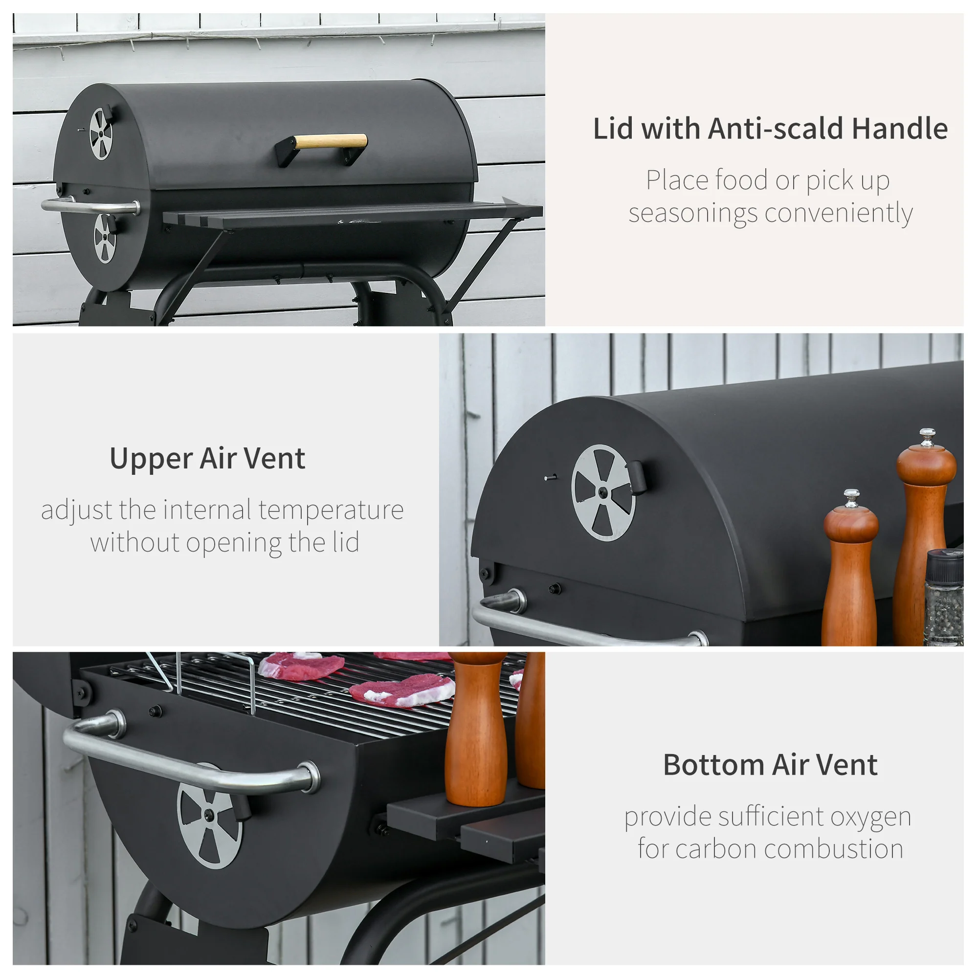 30" Barrel Charcoal Grill with 370 sq.in Cooking Space, Storage Shelf and Wheels, Black - Image 10