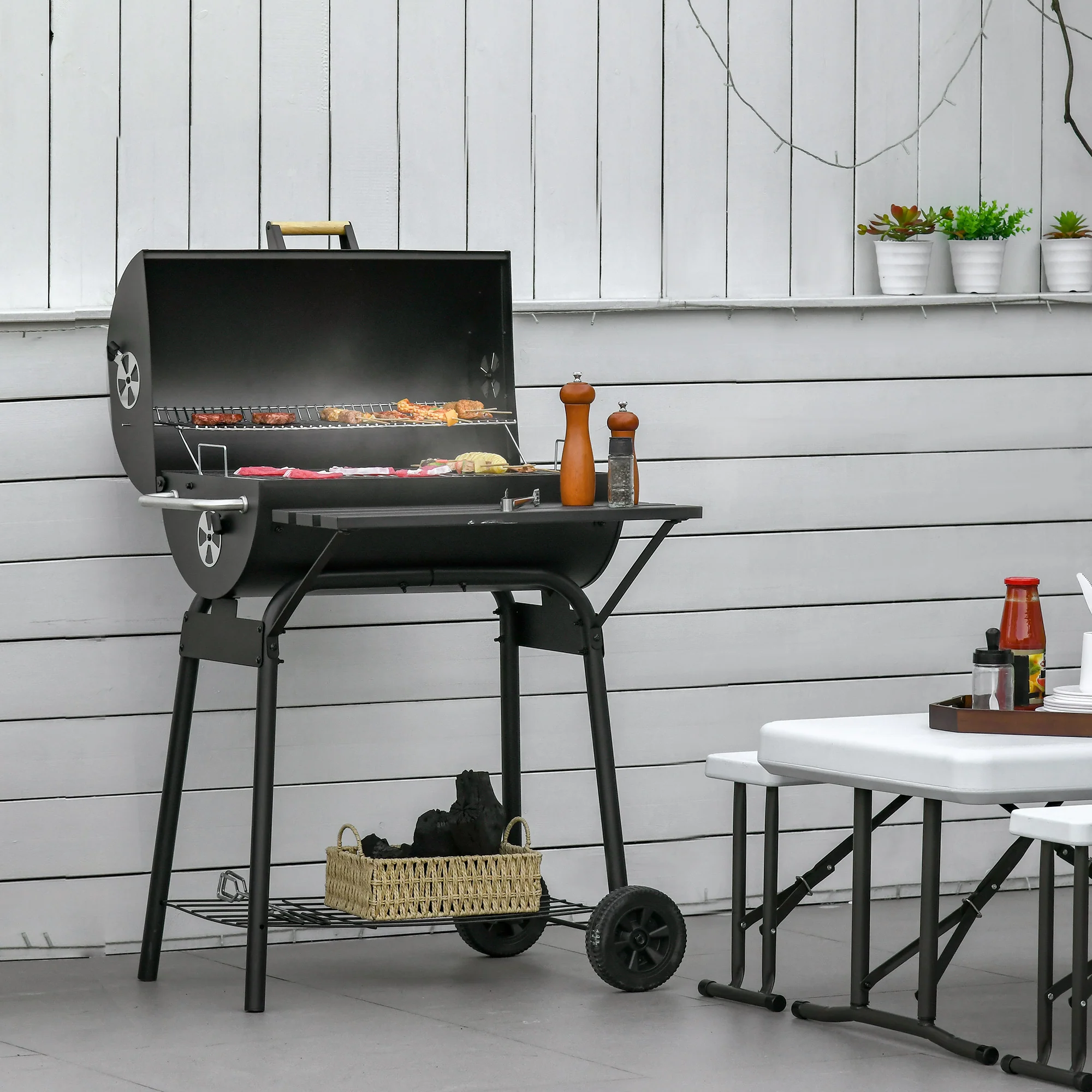 30" Barrel Charcoal Grill with 370 sq.in Cooking Space, Storage Shelf and Wheels, Black - Image 4