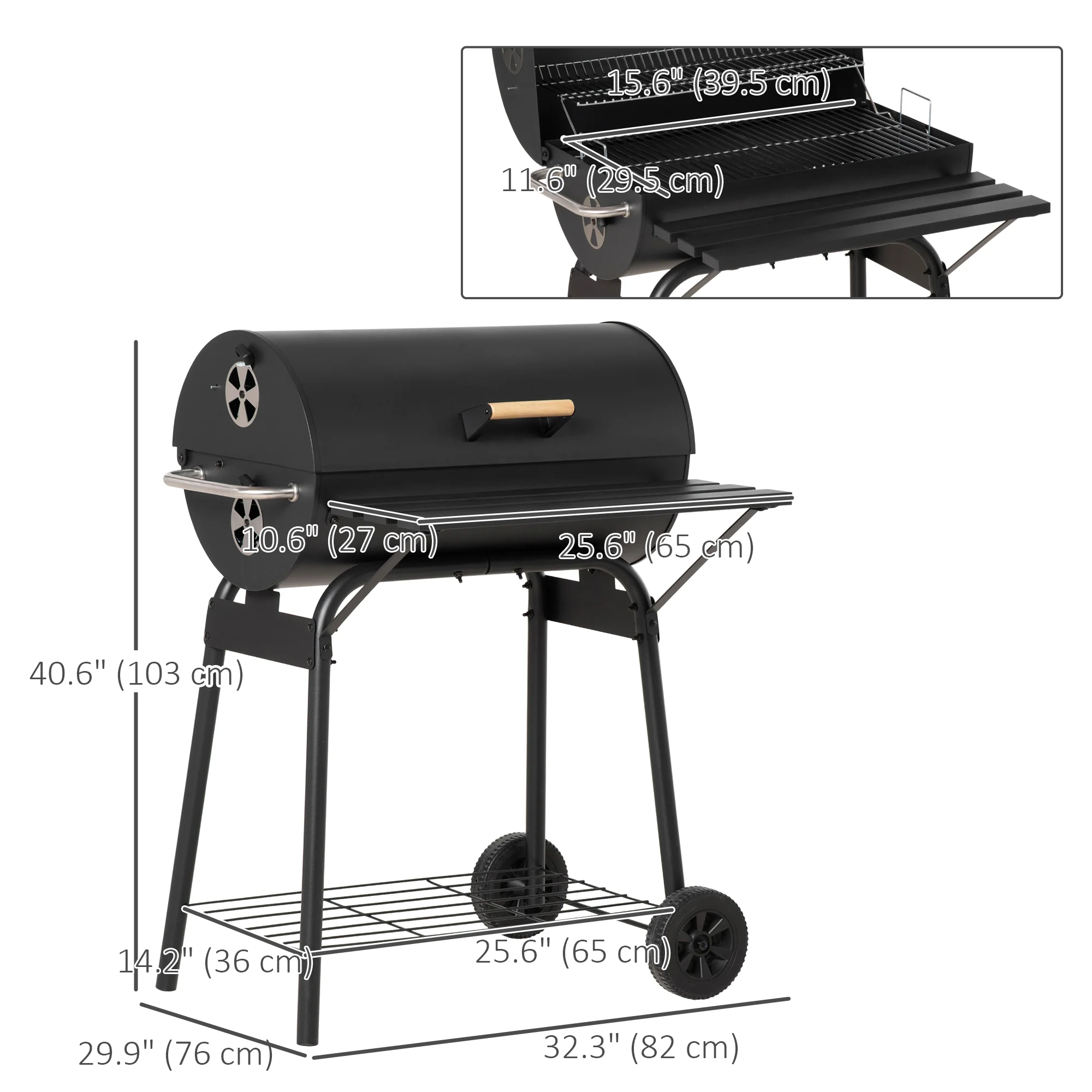 30" Barrel Charcoal Grill with 370 sq.in Cooking Space, Storage Shelf and Wheels, Black - Image 5