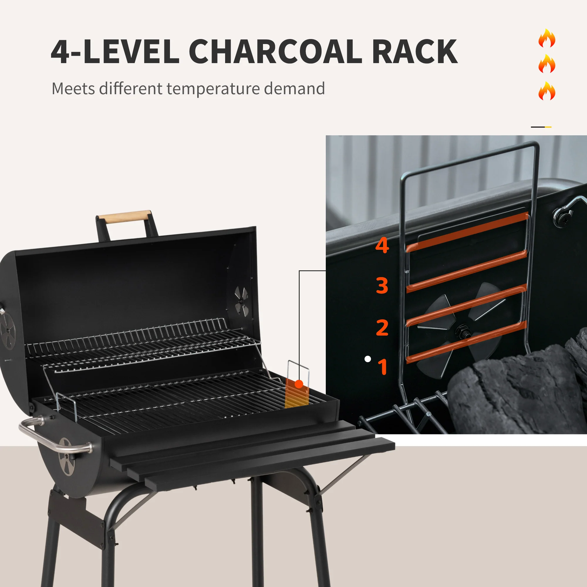 30" Barrel Charcoal Grill with 370 sq.in Cooking Space, Storage Shelf and Wheels, Black - Image 7