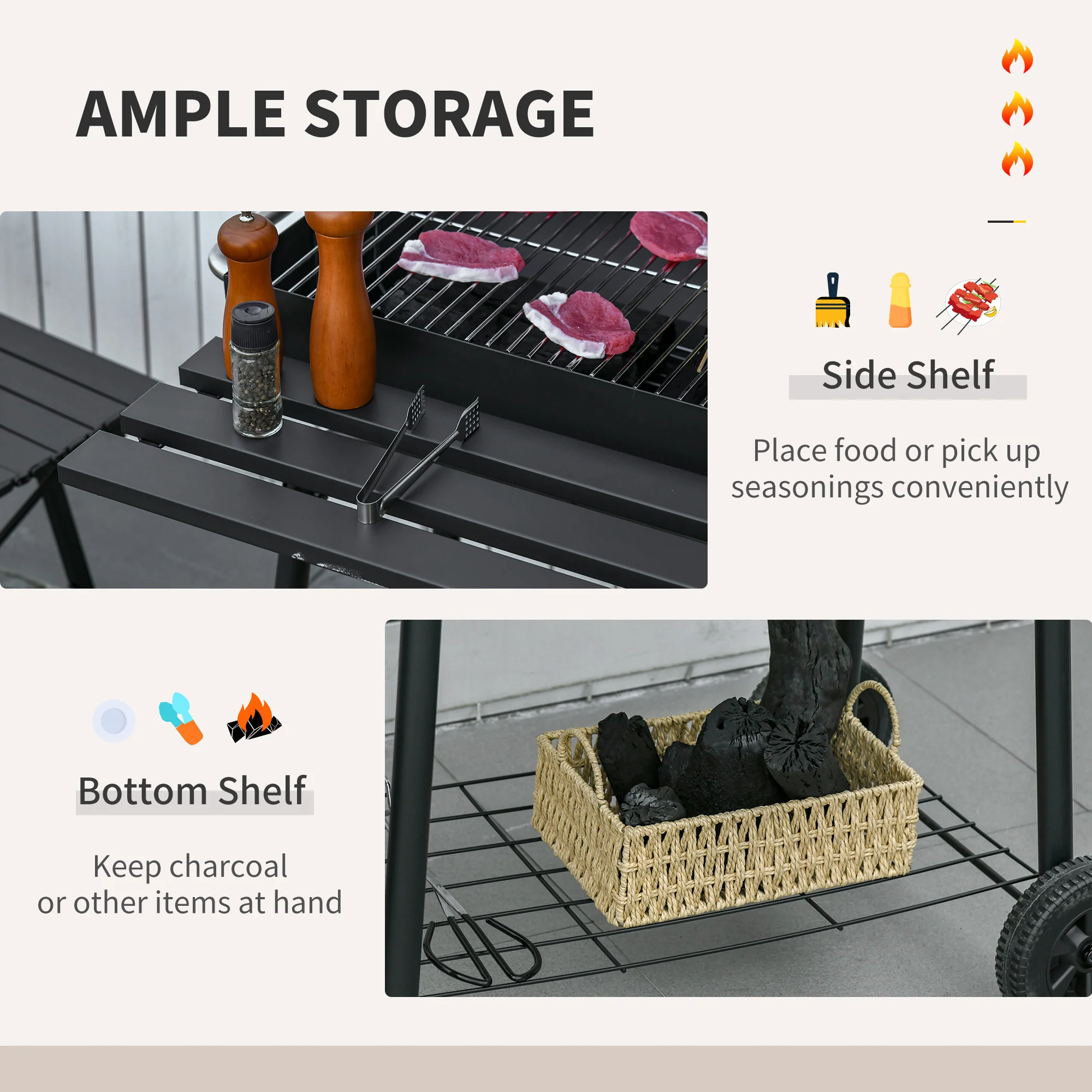 30" Barrel Charcoal Grill with 370 sq.in Cooking Space, Storage Shelf and Wheels, Black - Image 8