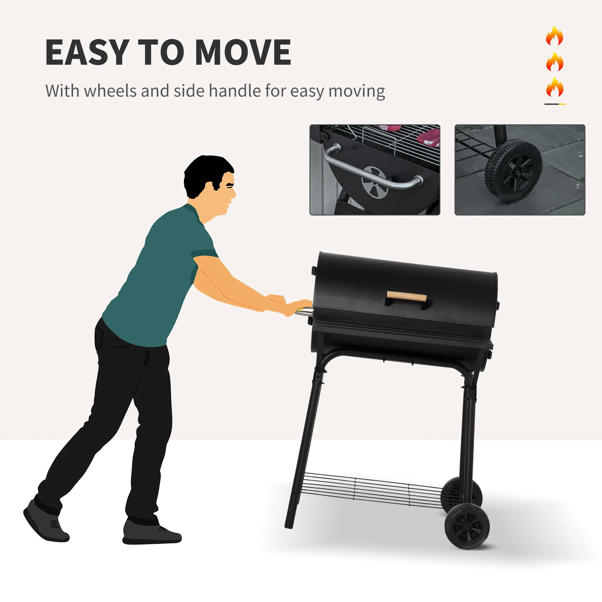30" Barrel Charcoal Grill with 370 sq.in Cooking Space, Storage Shelf and Wheels, Black - Image 9