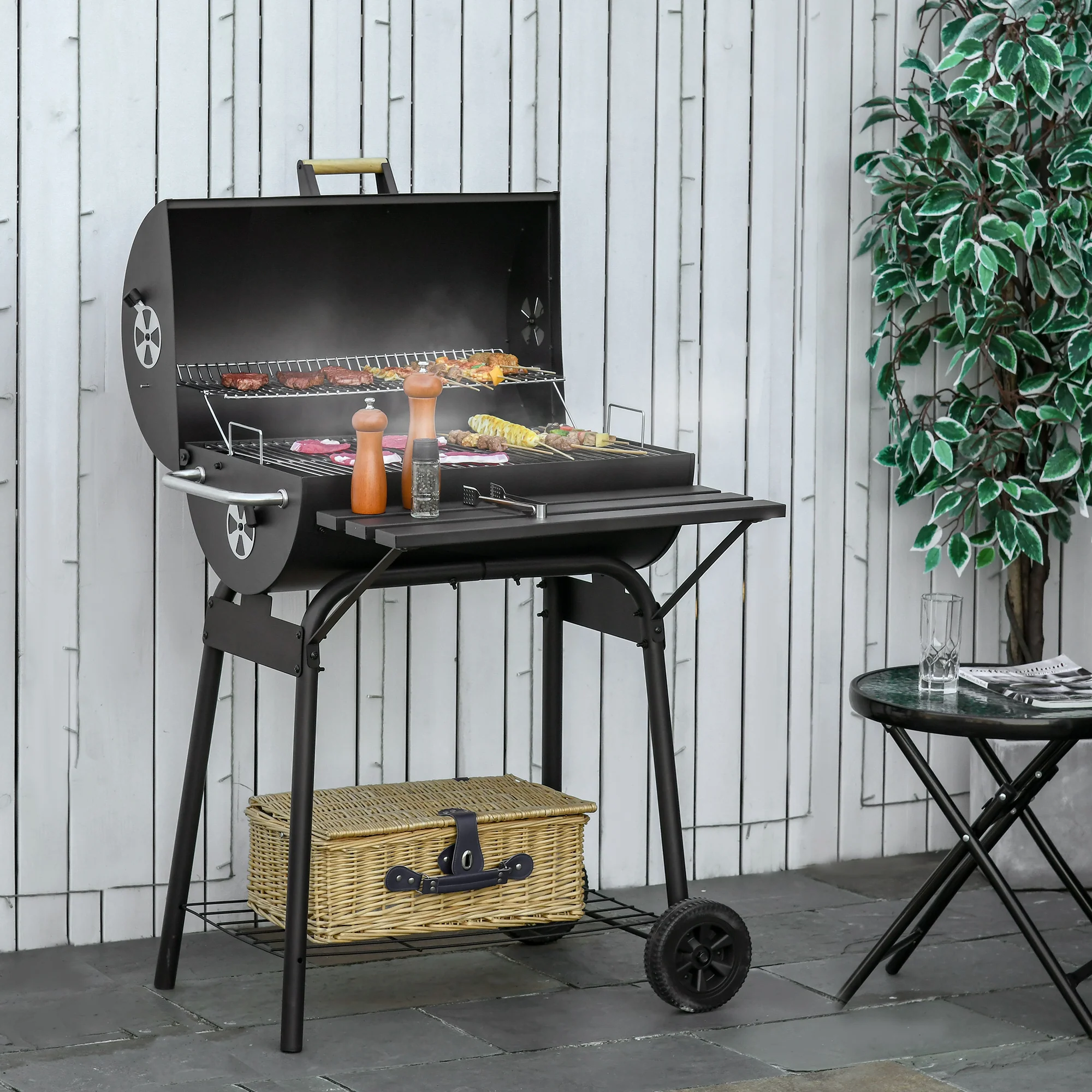 30" Portable Barrel Charcoal BBQ Grill with Storage Shelf for Garden Camping Picnic, Black - Image 3
