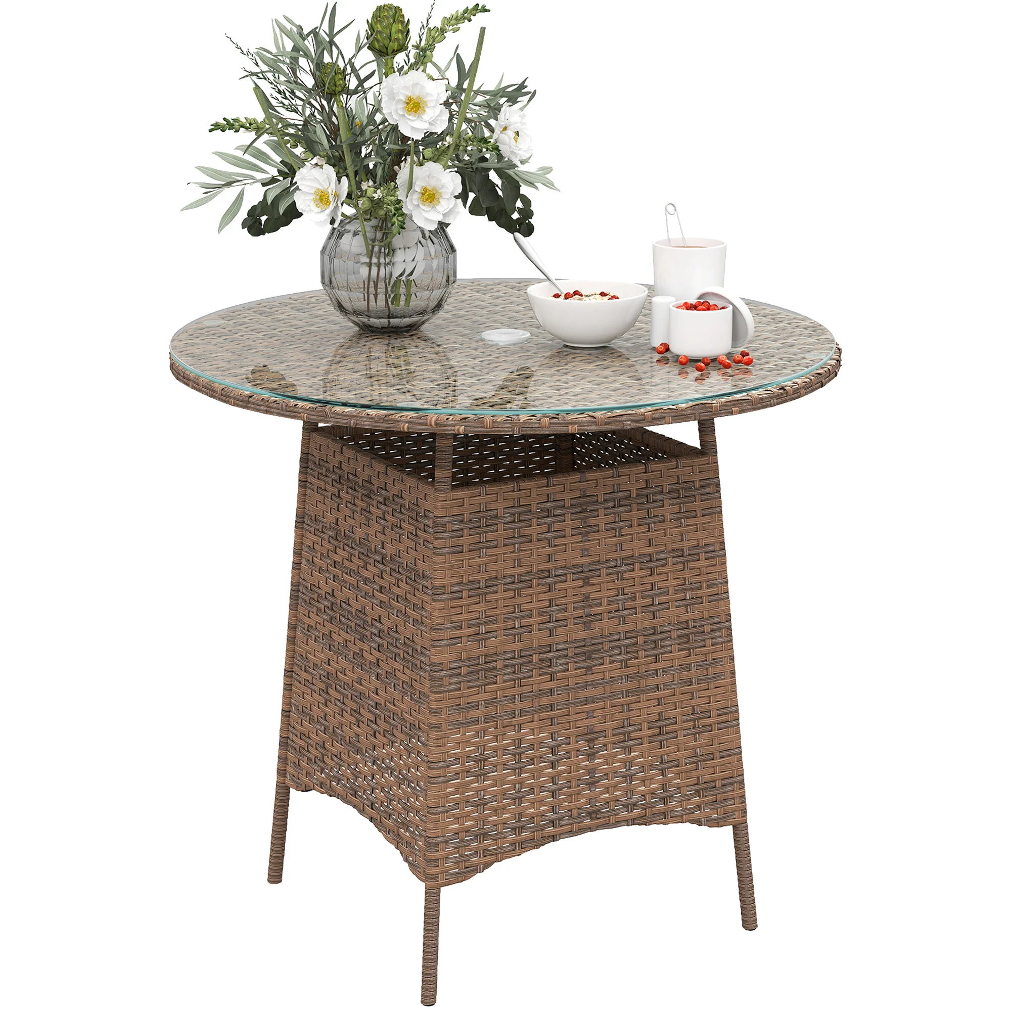 31.5" Outdoor Round Patio Table with Umbrella Hole, Coffee Table w/ Tempered Glass Top, Brown