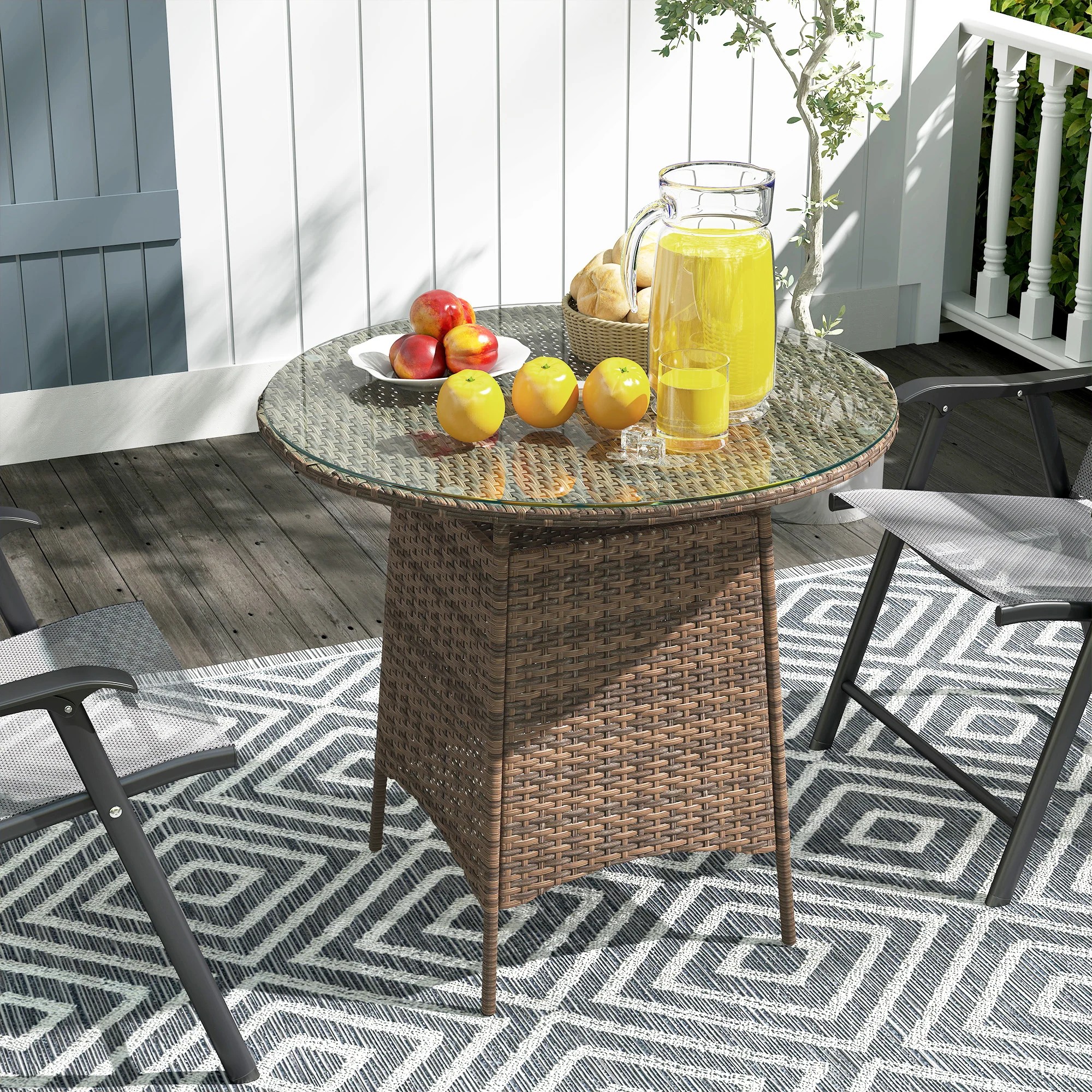 31.5" Outdoor Round Patio Table with Umbrella Hole, Coffee Table w/ Tempered Glass Top, Brown - Image 10