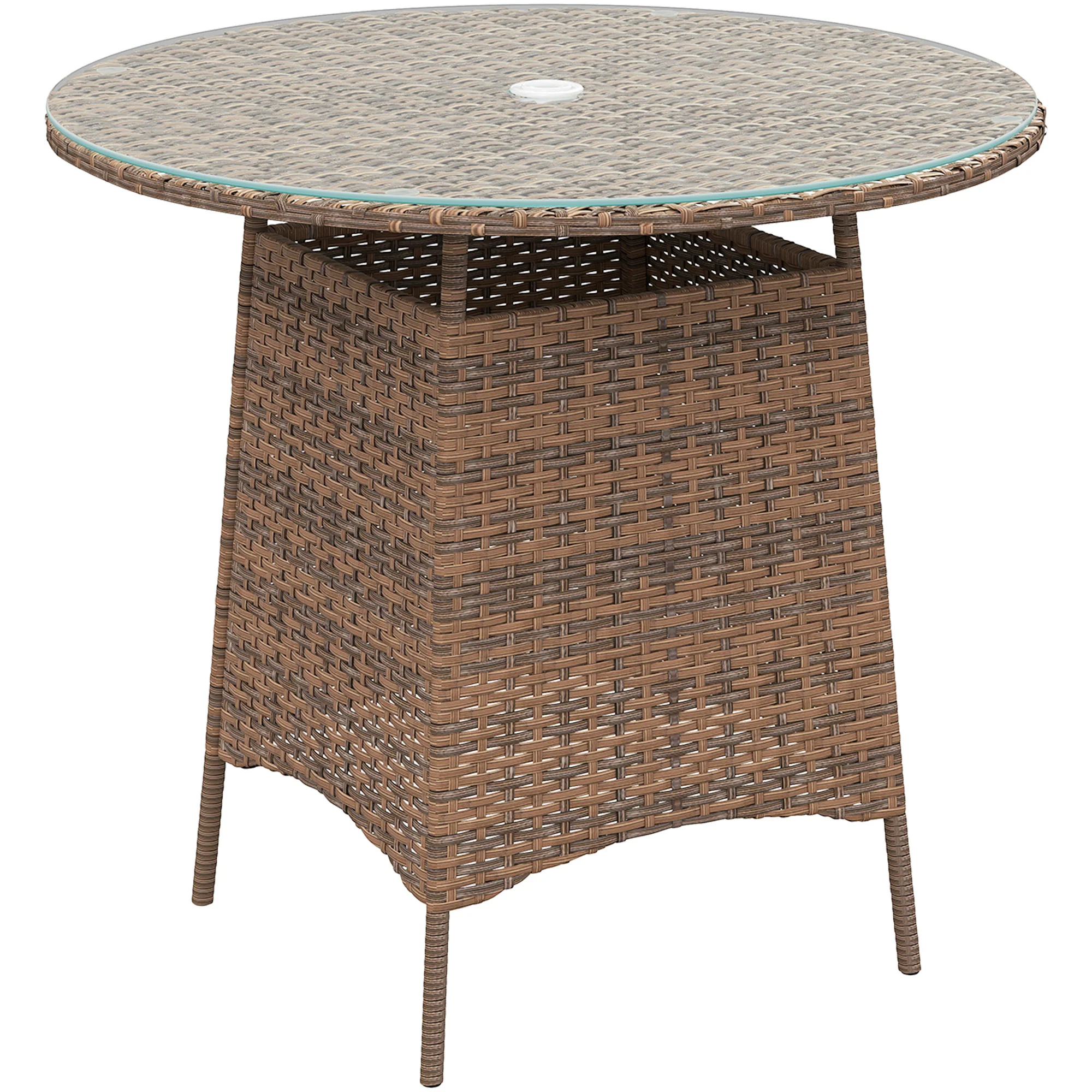 31.5" Outdoor Round Patio Table with Umbrella Hole, Coffee Table w/ Tempered Glass Top, Brown - Image 12