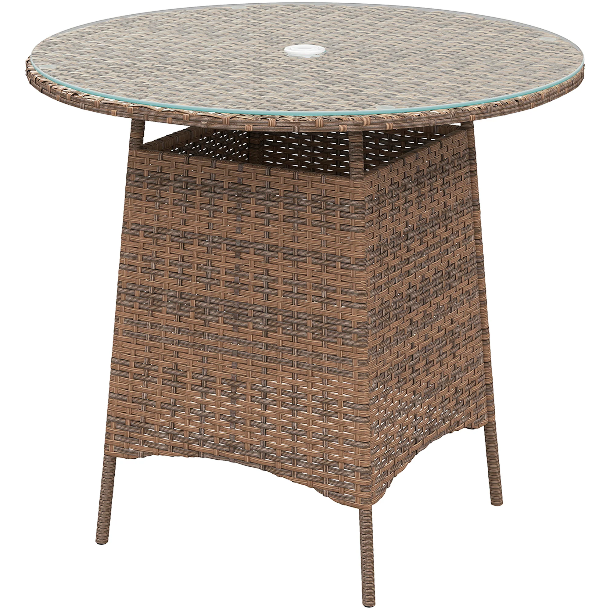 31.5" Outdoor Round Patio Table with Umbrella Hole, Coffee Table w/ Tempered Glass Top, Brown - Image 2