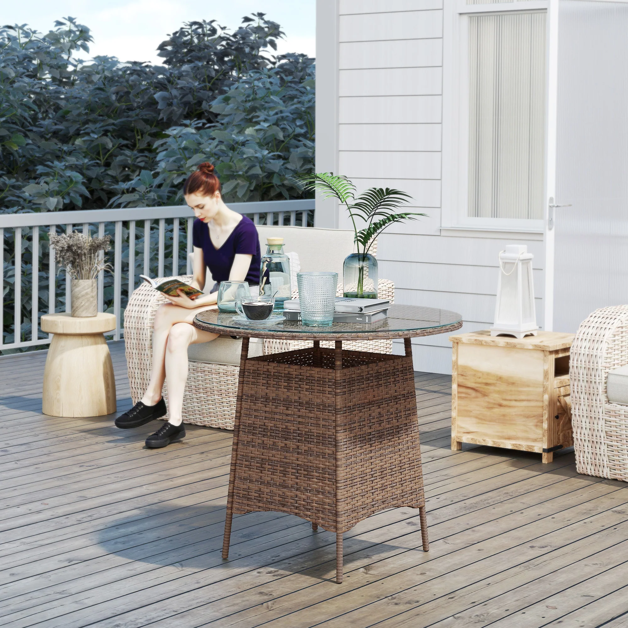 31.5" Outdoor Round Patio Table with Umbrella Hole, Coffee Table w/ Tempered Glass Top, Brown - Image 3