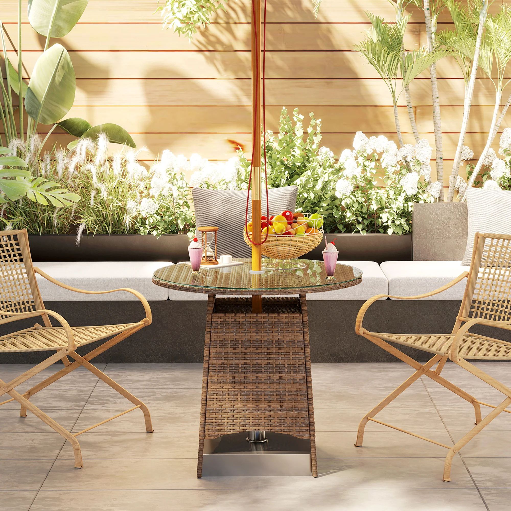 31.5" Outdoor Round Patio Table with Umbrella Hole, Coffee Table w/ Tempered Glass Top, Brown - Image 4