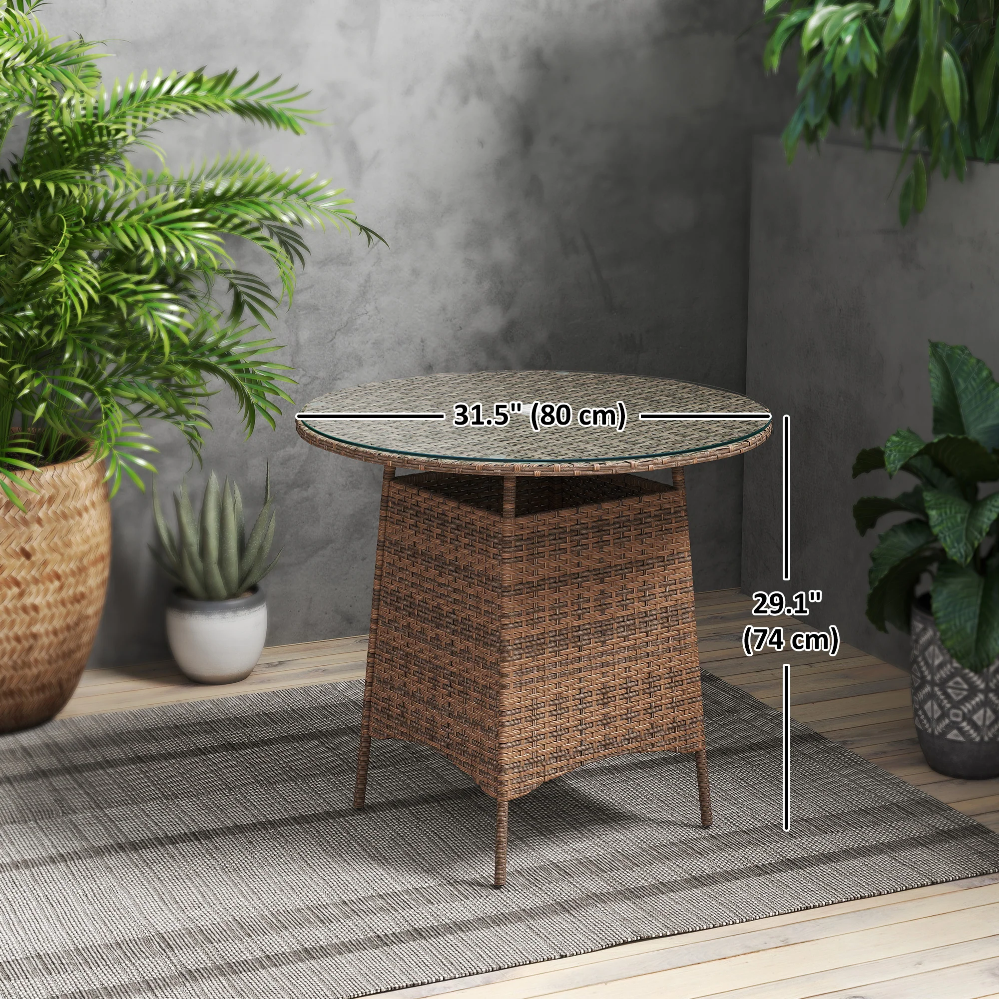 31.5" Outdoor Round Patio Table with Umbrella Hole, Coffee Table w/ Tempered Glass Top, Brown - Image 5