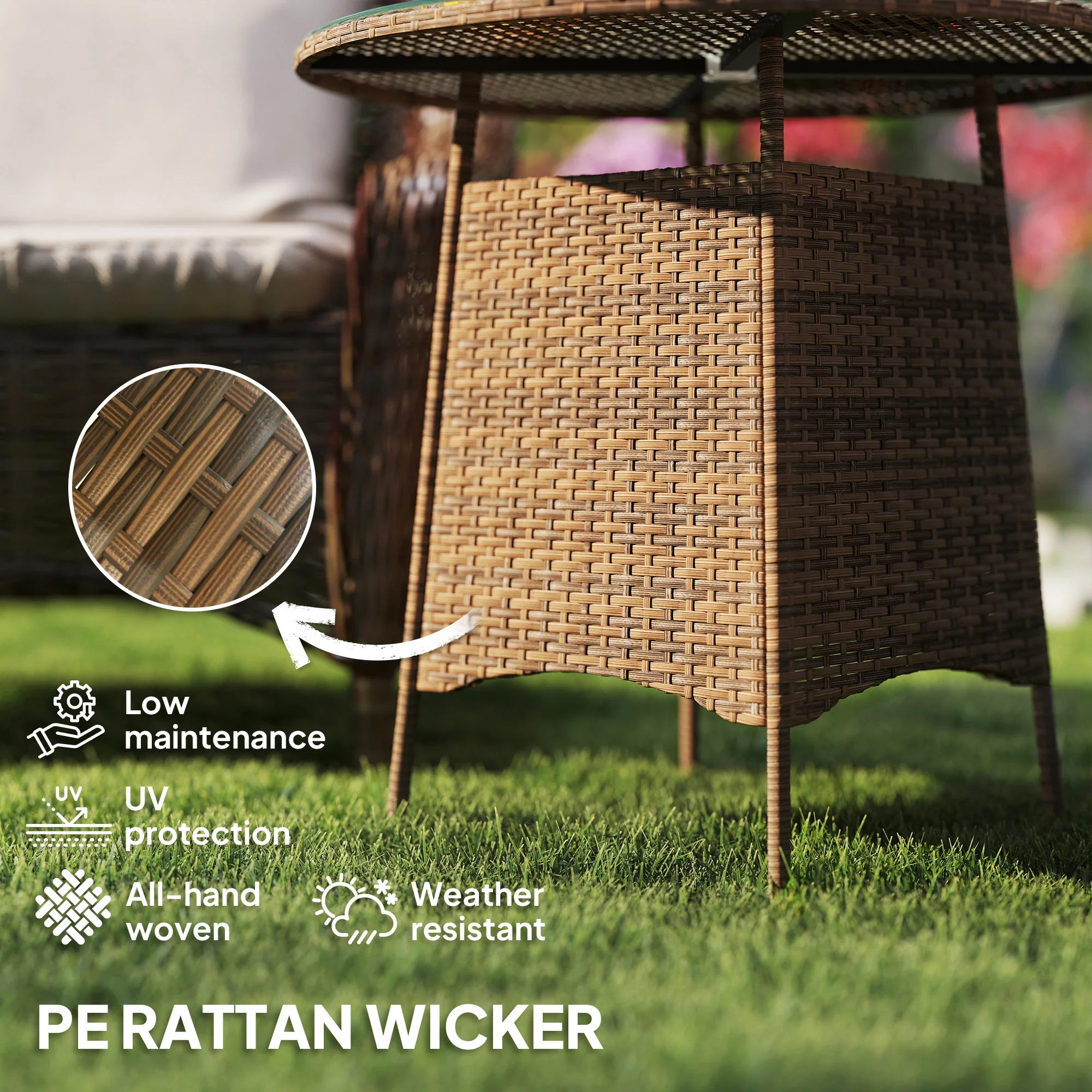 31.5" Outdoor Round Patio Table with Umbrella Hole, Coffee Table w/ Tempered Glass Top, Brown - Image 6