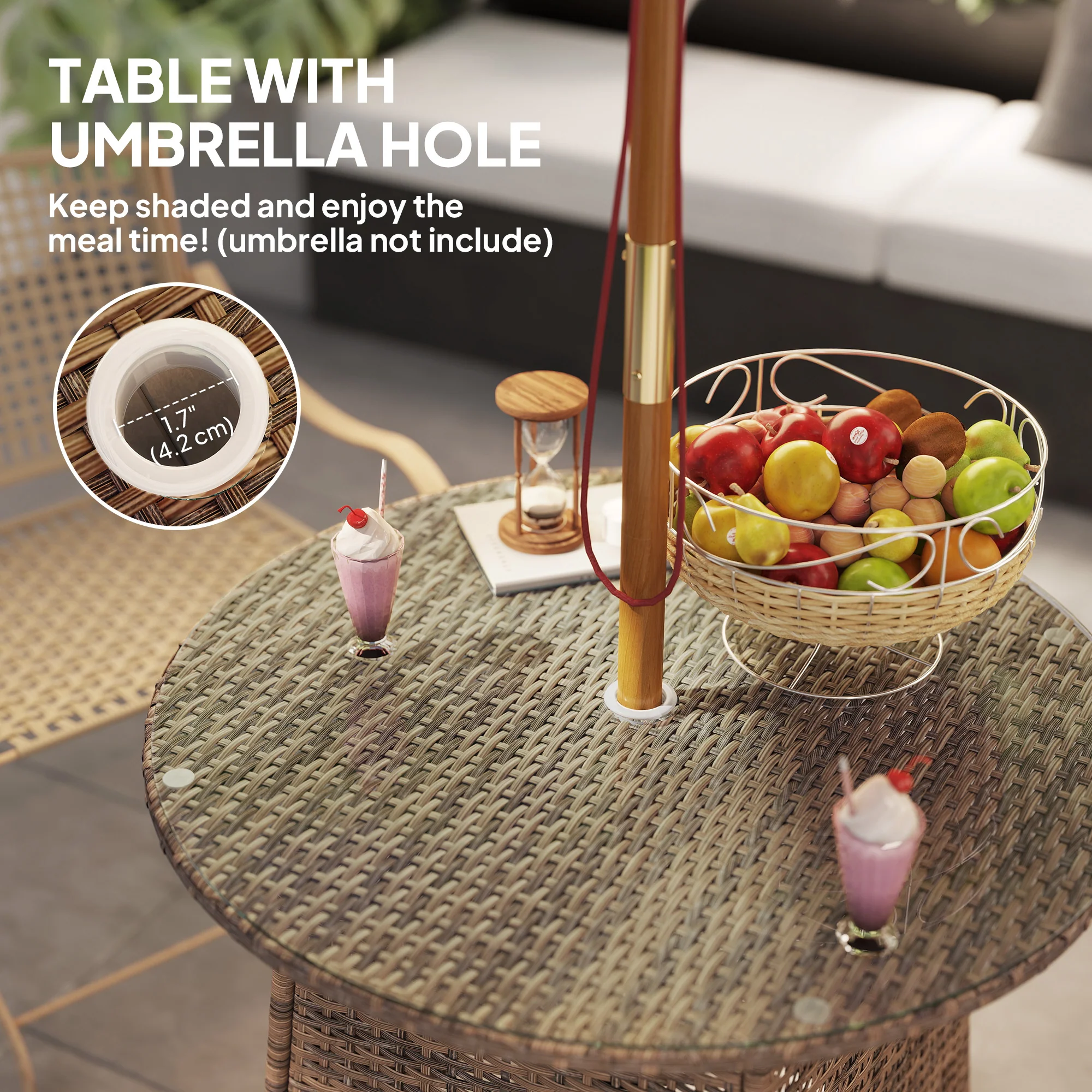 31.5" Outdoor Round Patio Table with Umbrella Hole, Coffee Table w/ Tempered Glass Top, Brown - Image 7