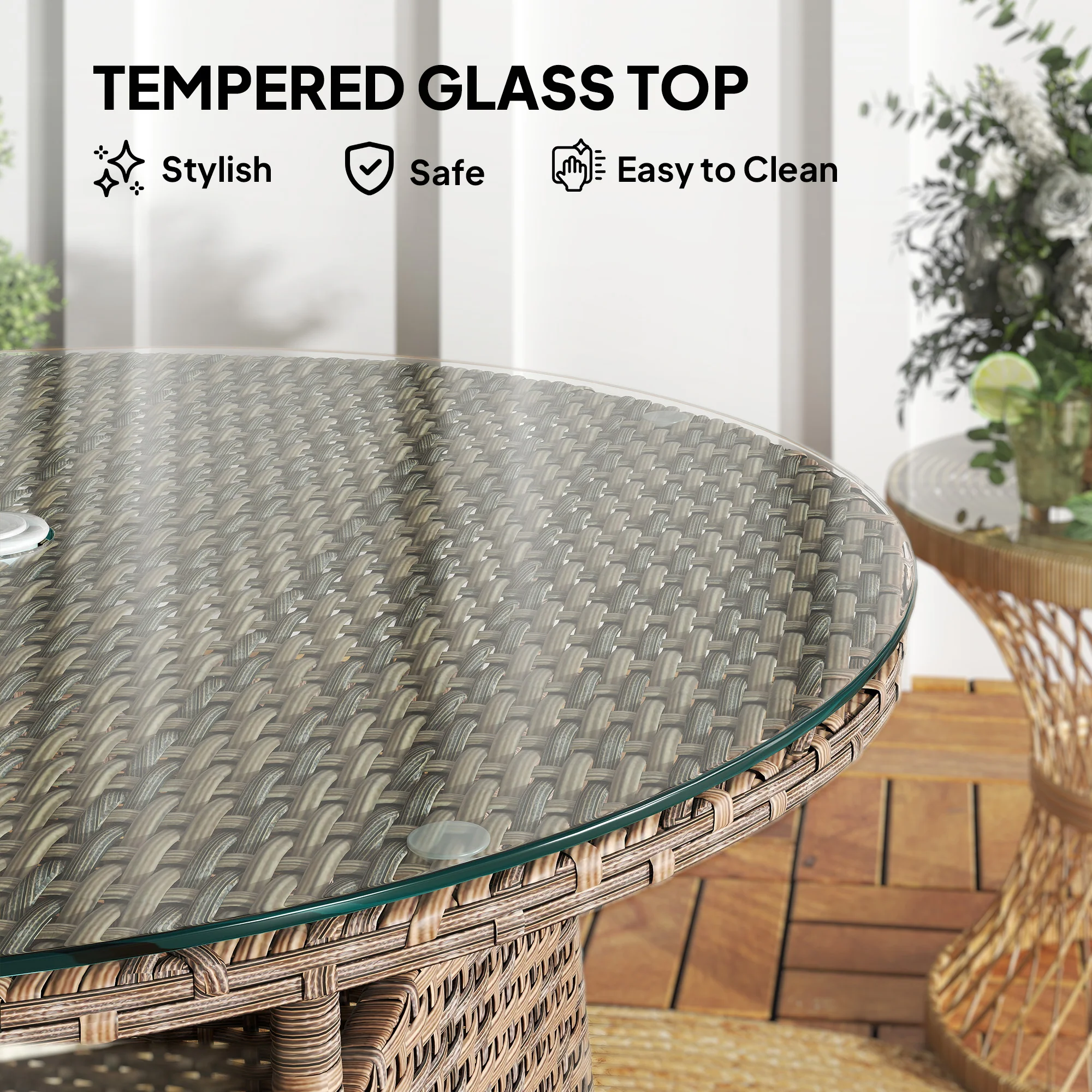 31.5" Outdoor Round Patio Table with Umbrella Hole, Coffee Table w/ Tempered Glass Top, Brown - Image 8