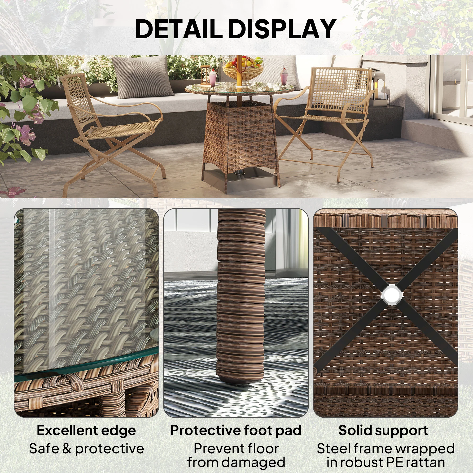 31.5" Outdoor Round Patio Table with Umbrella Hole, Coffee Table w/ Tempered Glass Top, Brown - Image 9