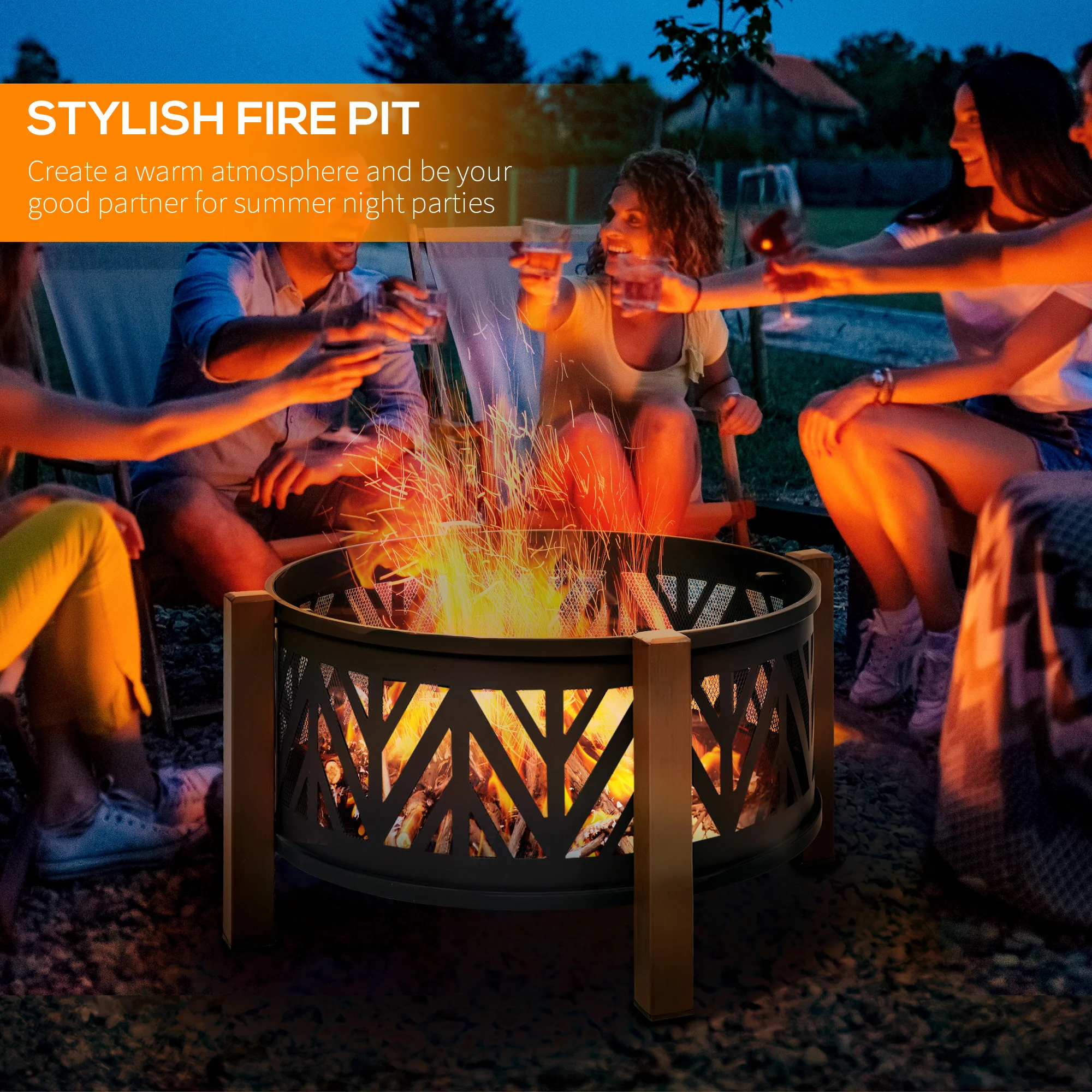 31" Outdoor Fire pit, 2-in-1 Round Firepit Brazier with Lid, BBQ Grill & Poker, Black - Image 10