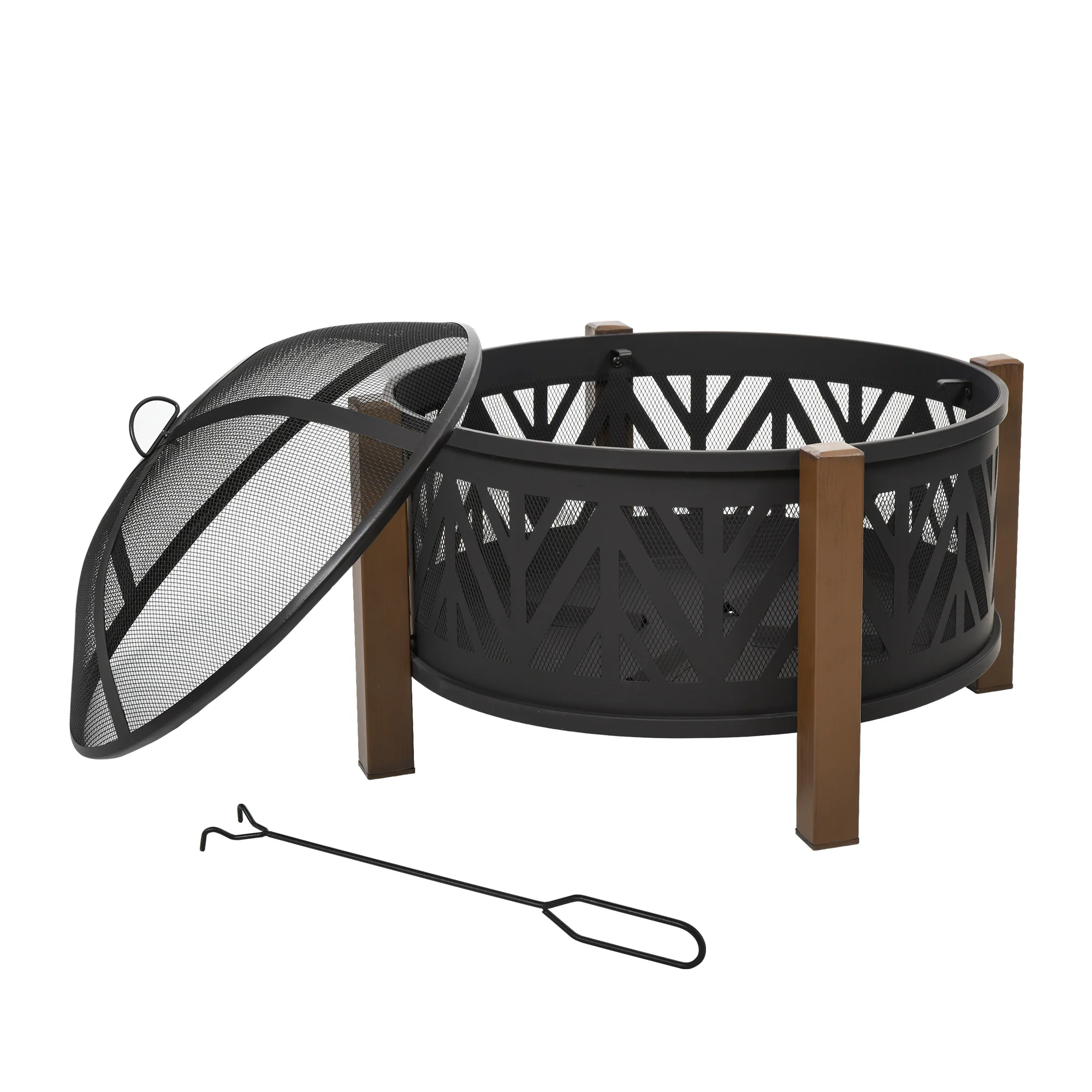 31" Outdoor Fire pit, 2-in-1 Round Firepit Brazier with Lid, BBQ Grill & Poker, Black - Image 12