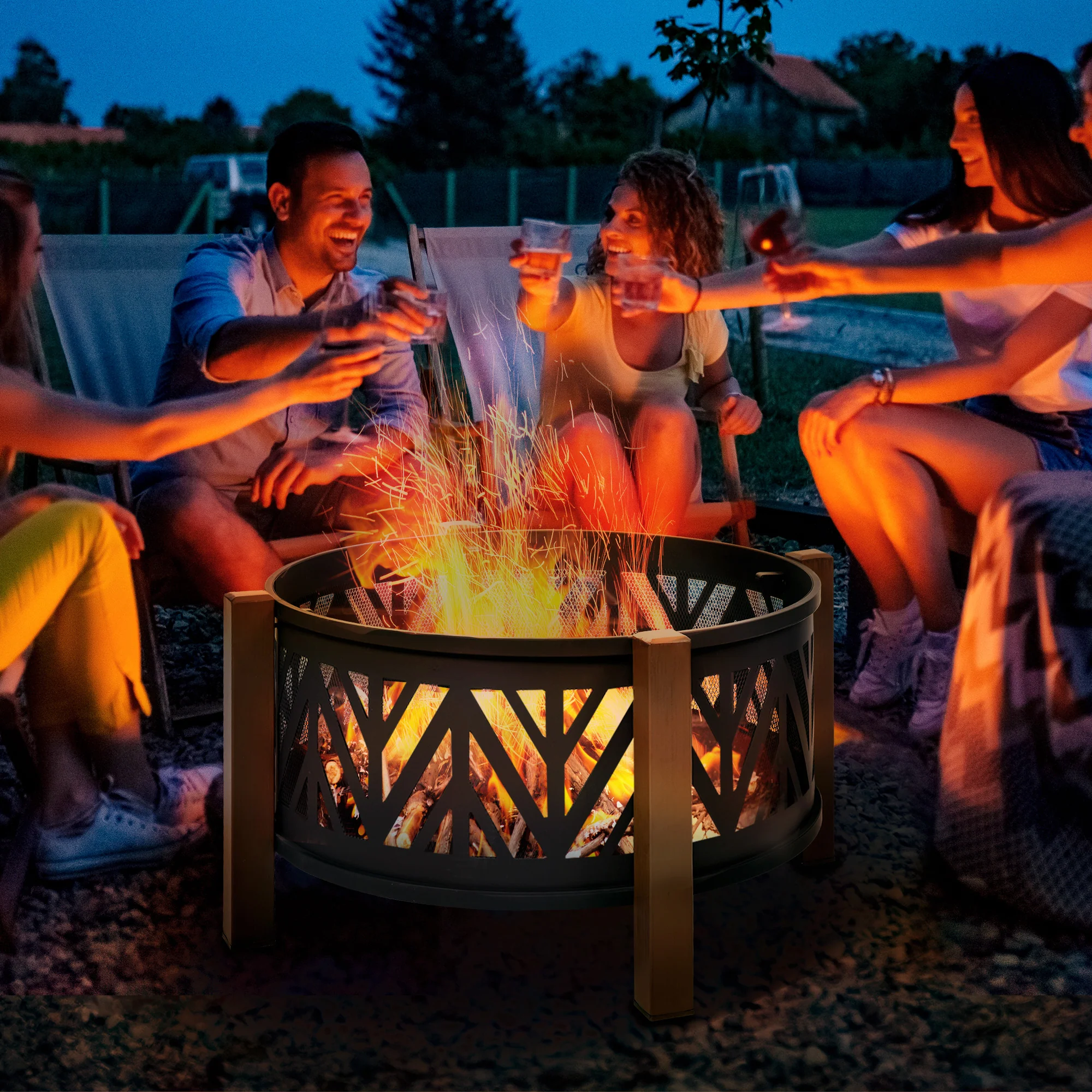 31" Outdoor Fire pit, 2-in-1 Round Firepit Brazier with Lid, BBQ Grill & Poker, Black - Image 4