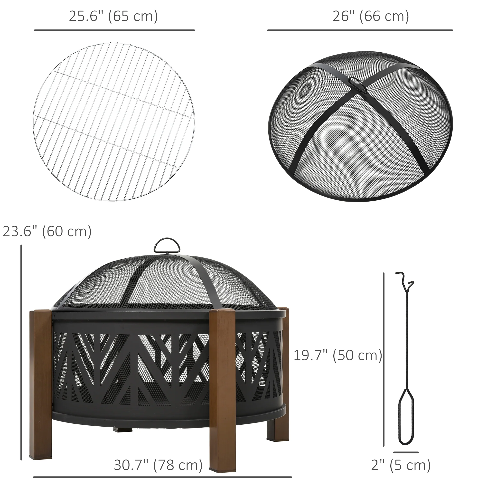 31" Outdoor Fire pit, 2-in-1 Round Firepit Brazier with Lid, BBQ Grill & Poker, Black - Image 5