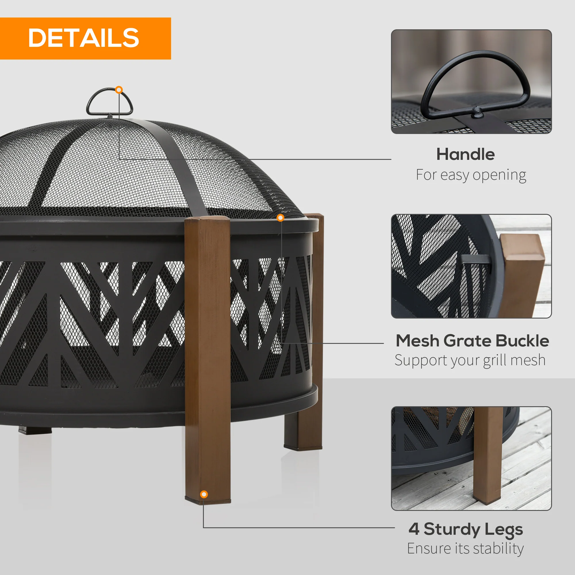 31" Outdoor Fire pit, 2-in-1 Round Firepit Brazier with Lid, BBQ Grill & Poker, Black - Image 6