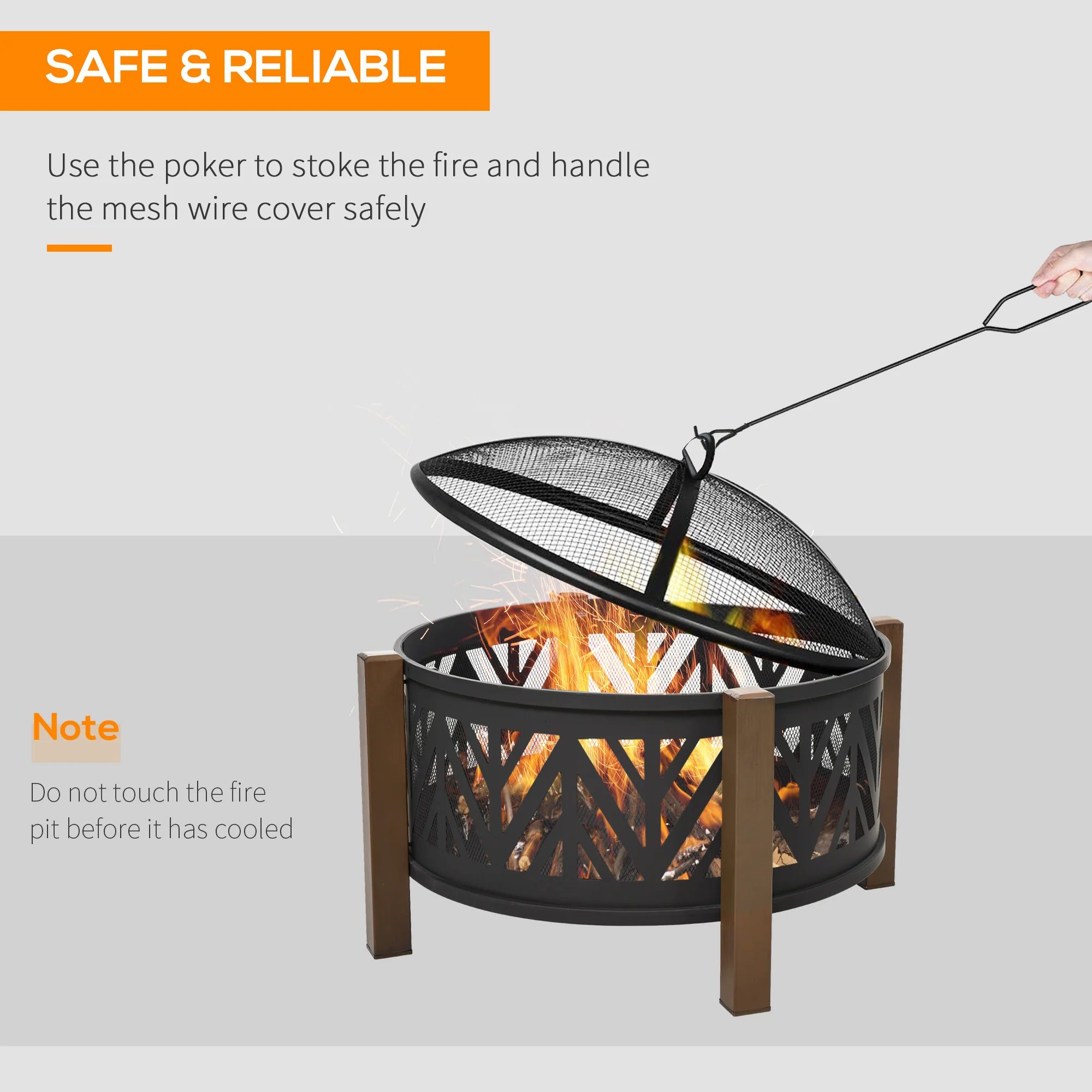 31" Outdoor Fire pit, 2-in-1 Round Firepit Brazier with Lid, BBQ Grill & Poker, Black - Image 7