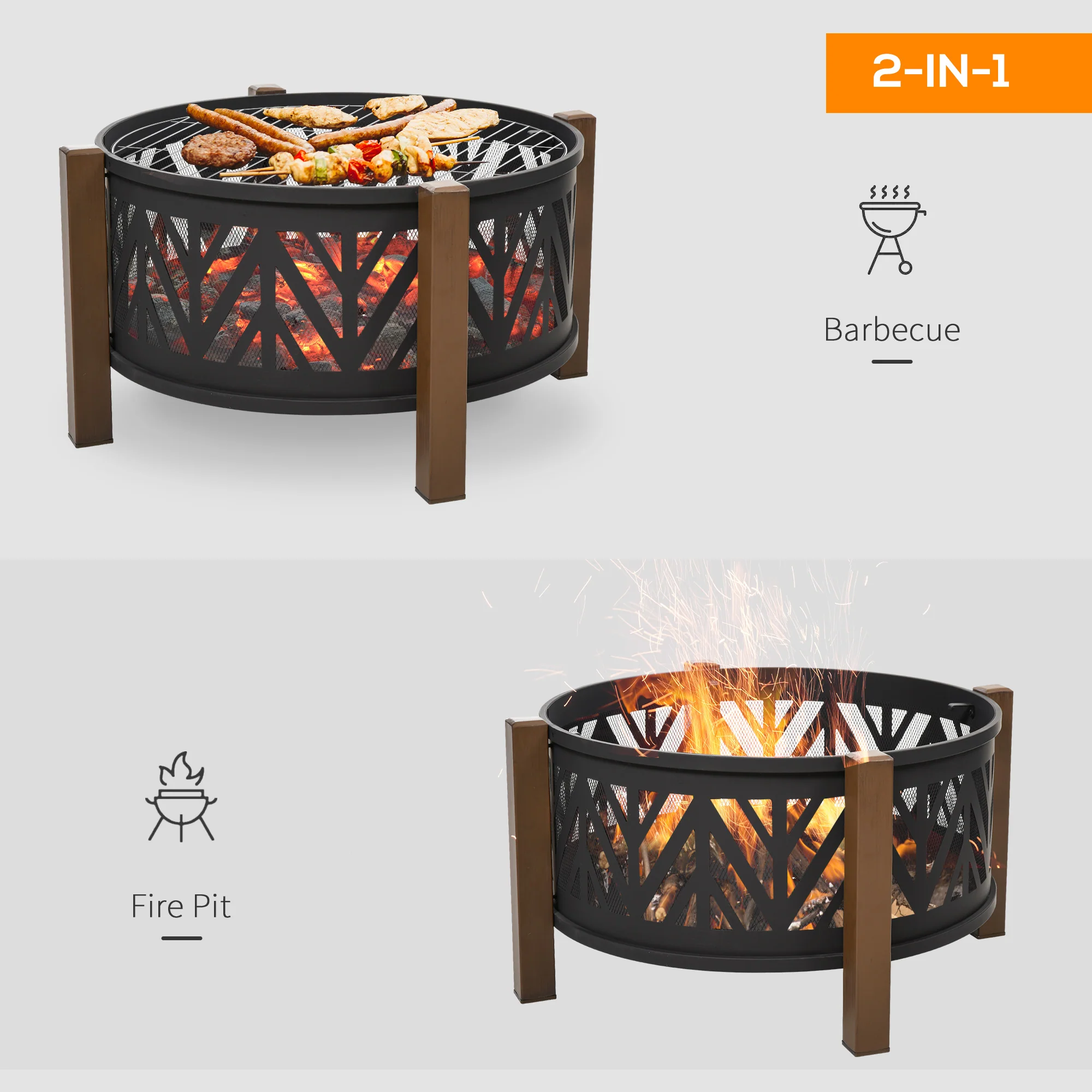 31" Outdoor Fire pit, 2-in-1 Round Firepit Brazier with Lid, BBQ Grill & Poker, Black - Image 8