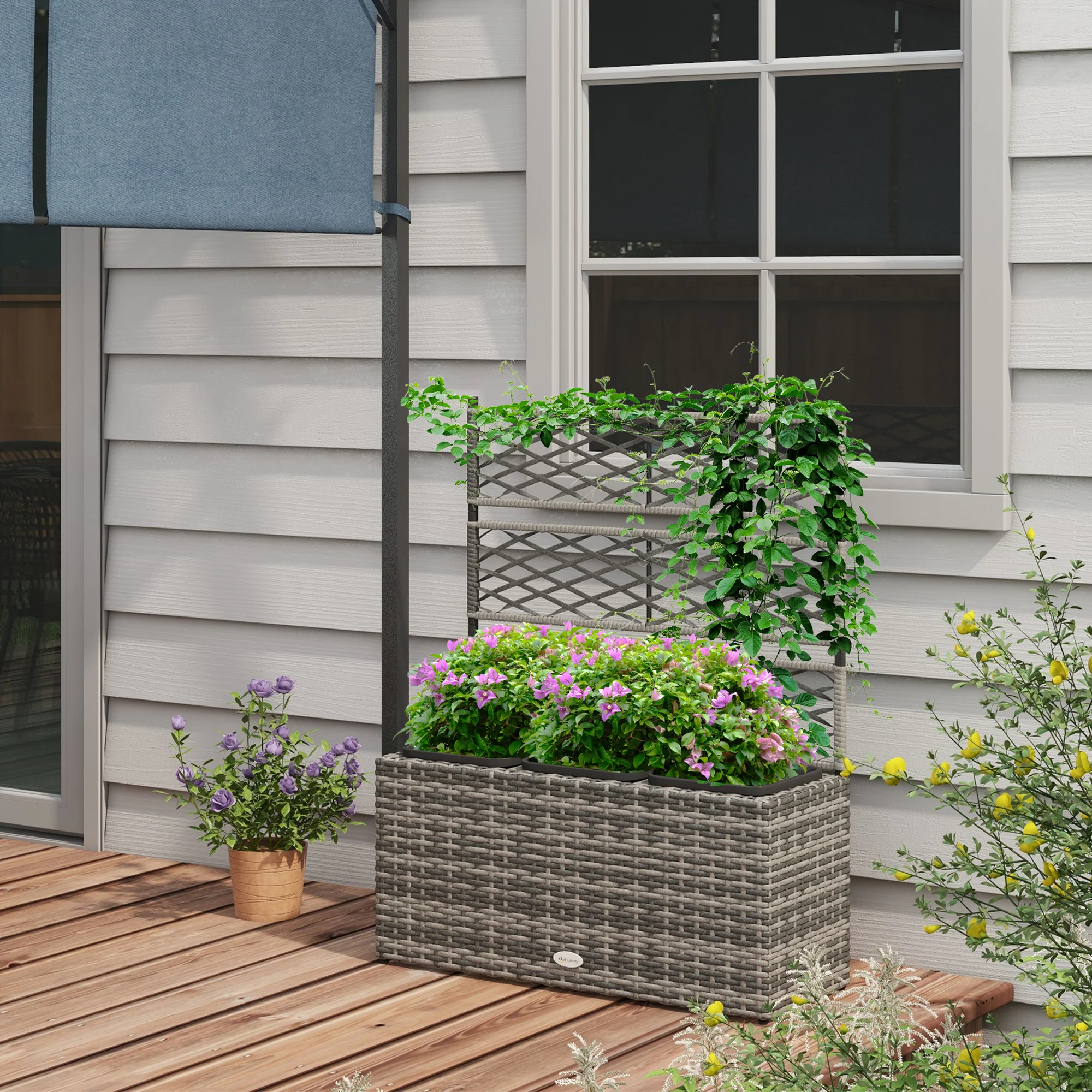 33L Freestanding Rattan Garden Raised Bed with Trellis for Climbing Plants, Light Grey - Image 4