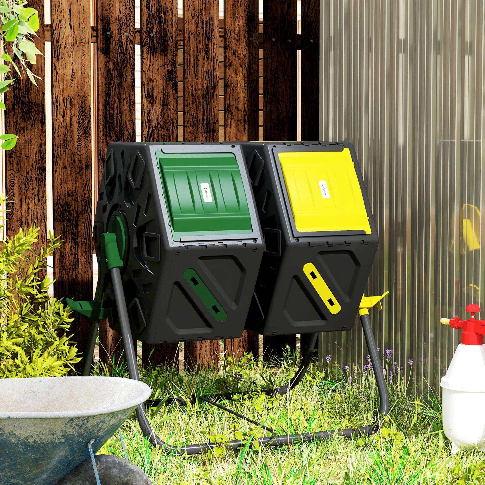 34.5 Gallon Dual Chamber Compost Tumbler with Steel Legs, Yellow/Green - Image 10