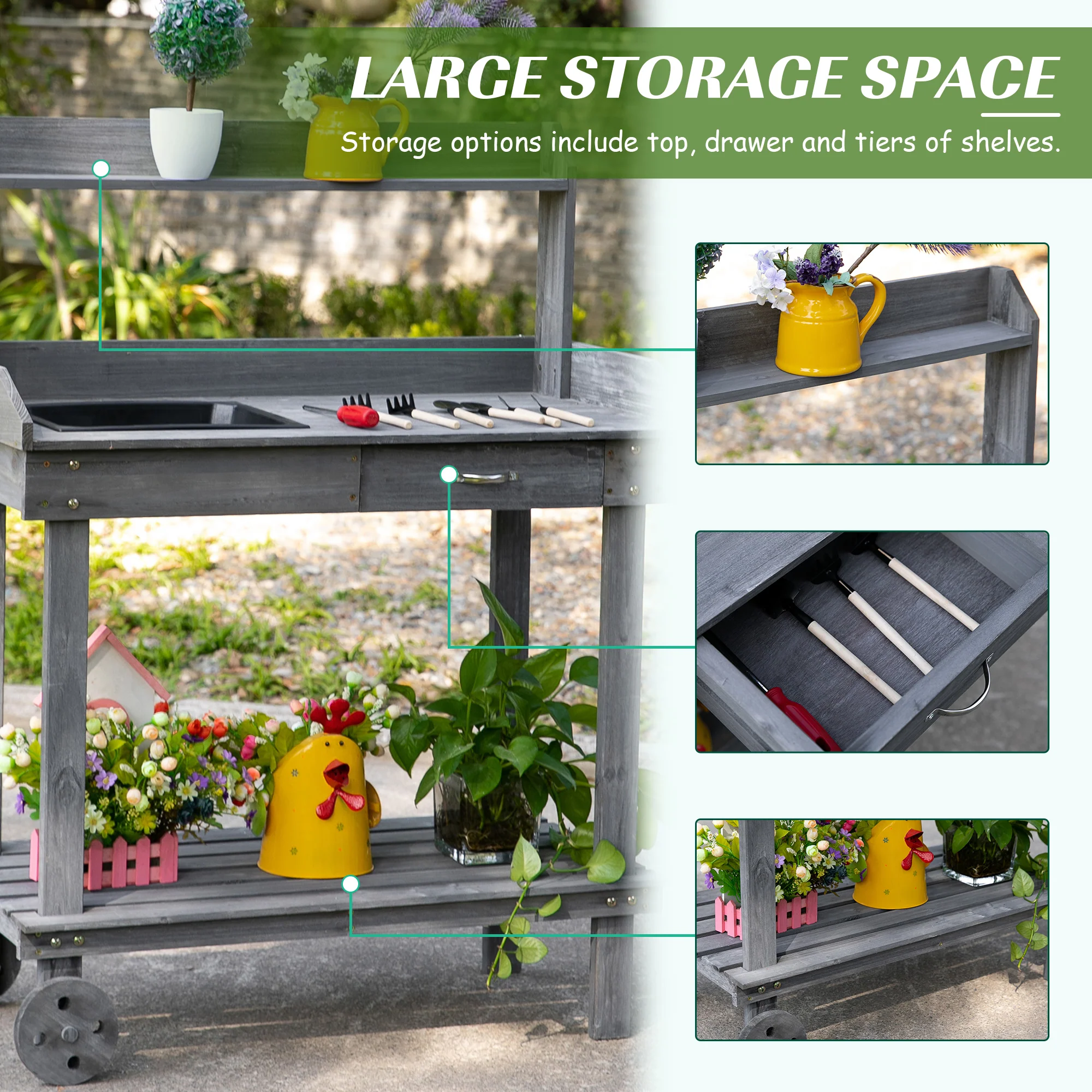 36" Wooden Potting Bench with Sink & Removable Wheels, Gray - Image 6