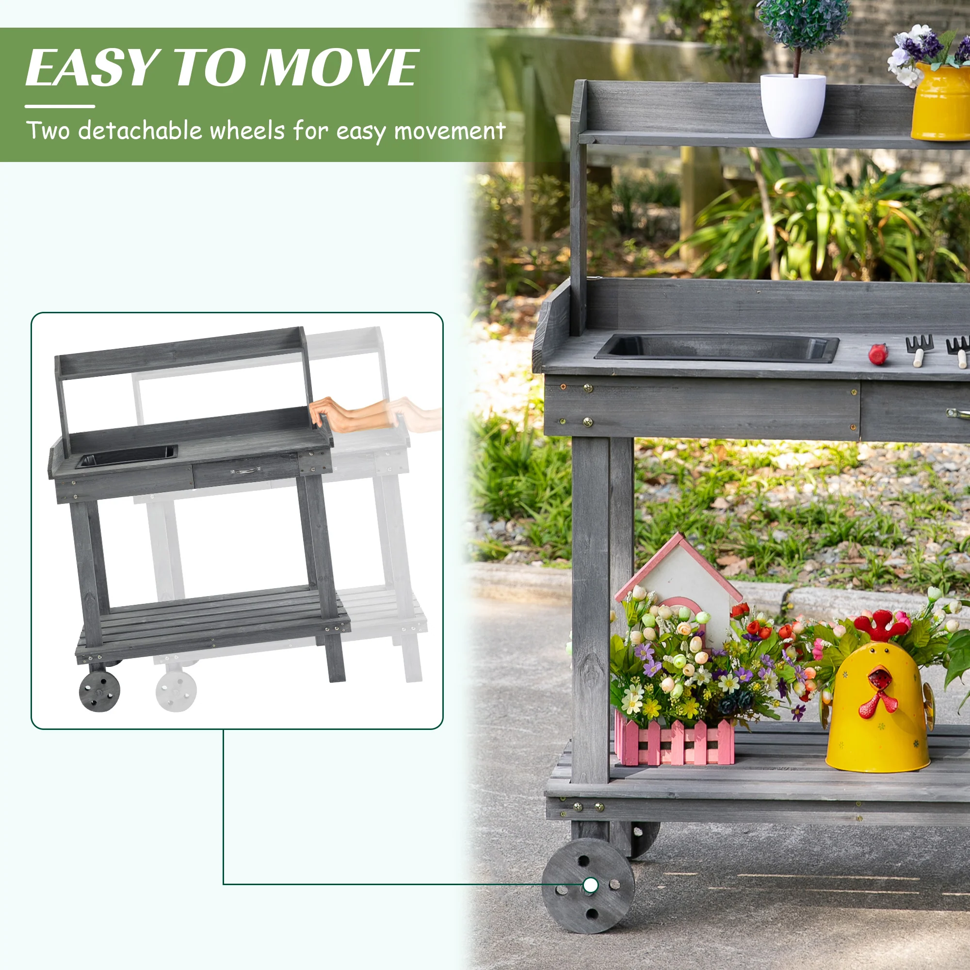 36" Wooden Potting Bench with Sink & Removable Wheels, Gray - Image 8