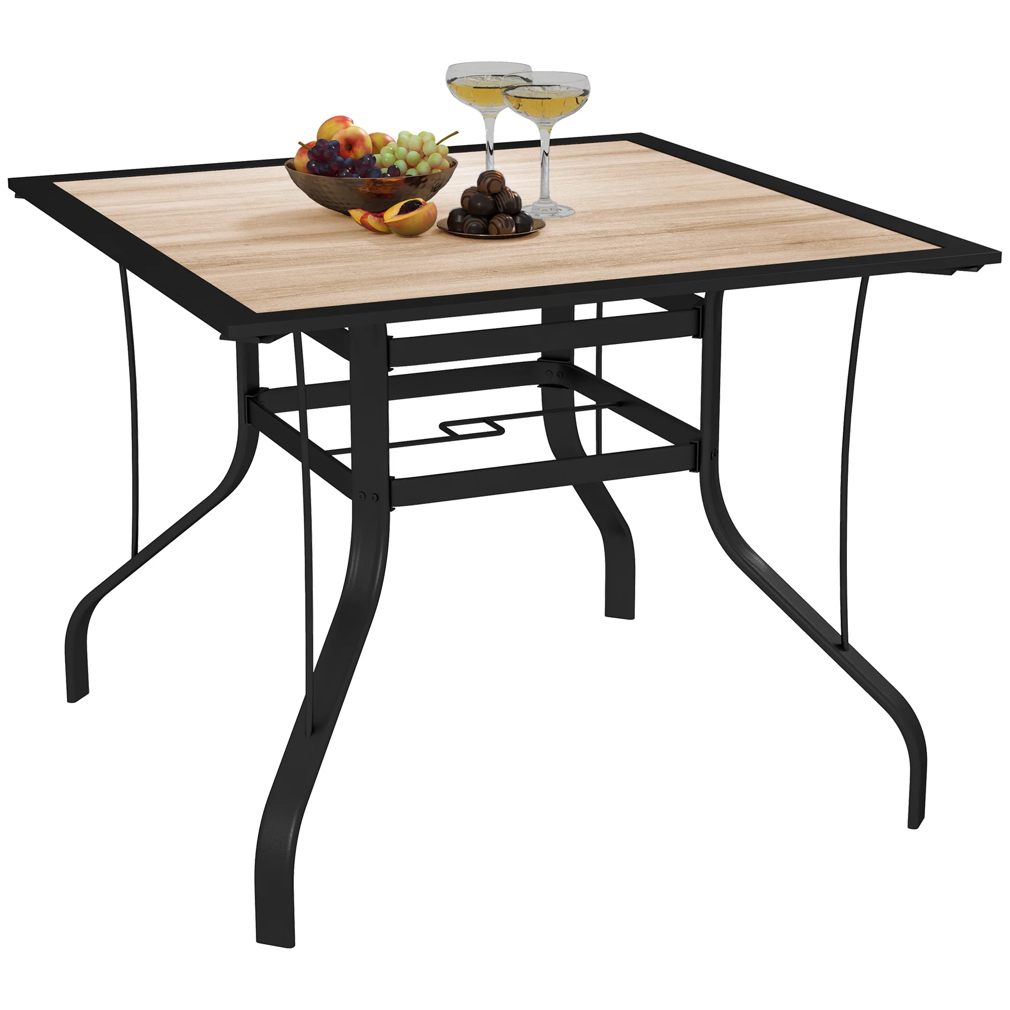 Square Patio Dining Table w/ Umbrella Hole & Rustproof Steel Frame for Garden Pool, Brown
