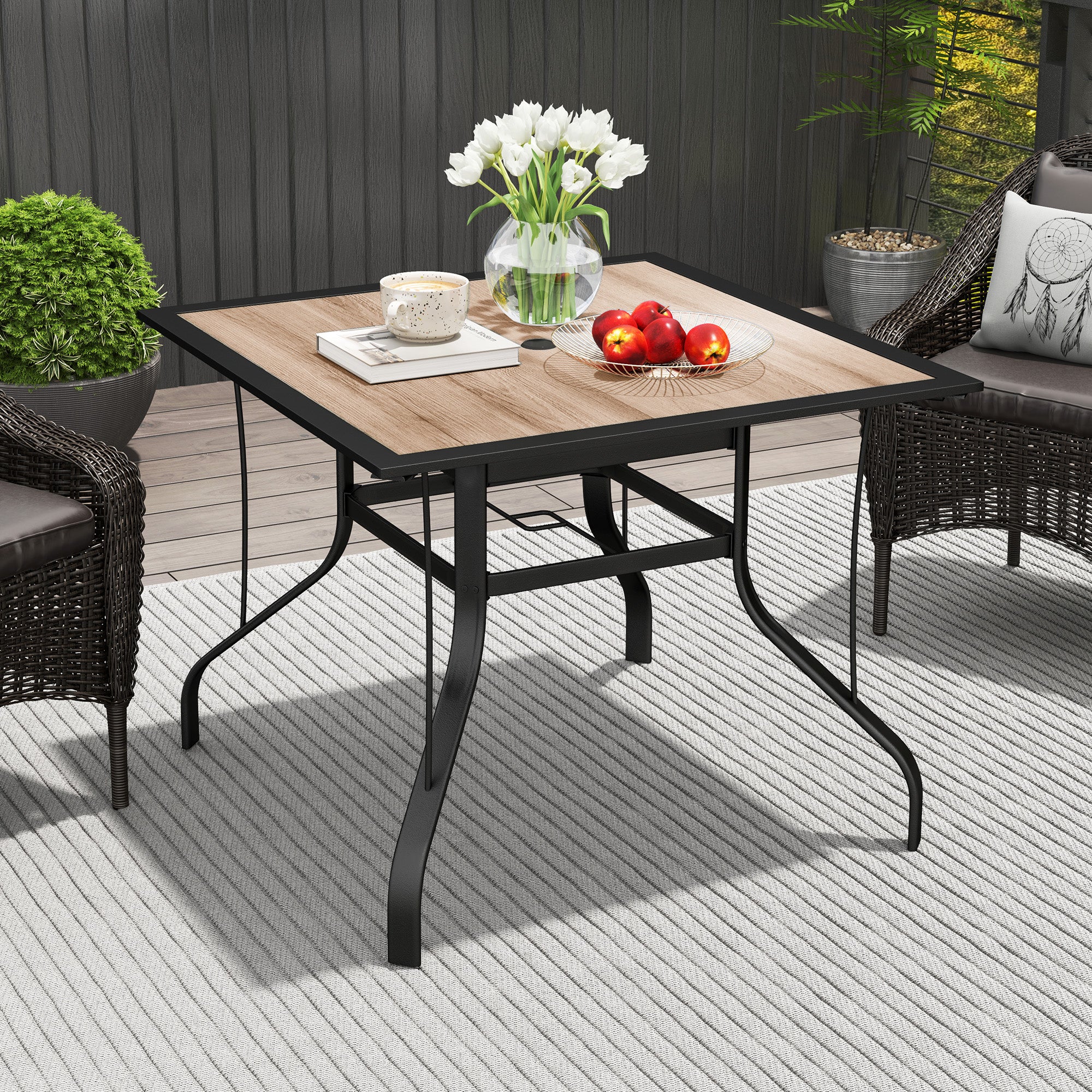 Square Patio Dining Table w/ Umbrella Hole & Rustproof Steel Frame for Garden Pool, Brown - Image 10