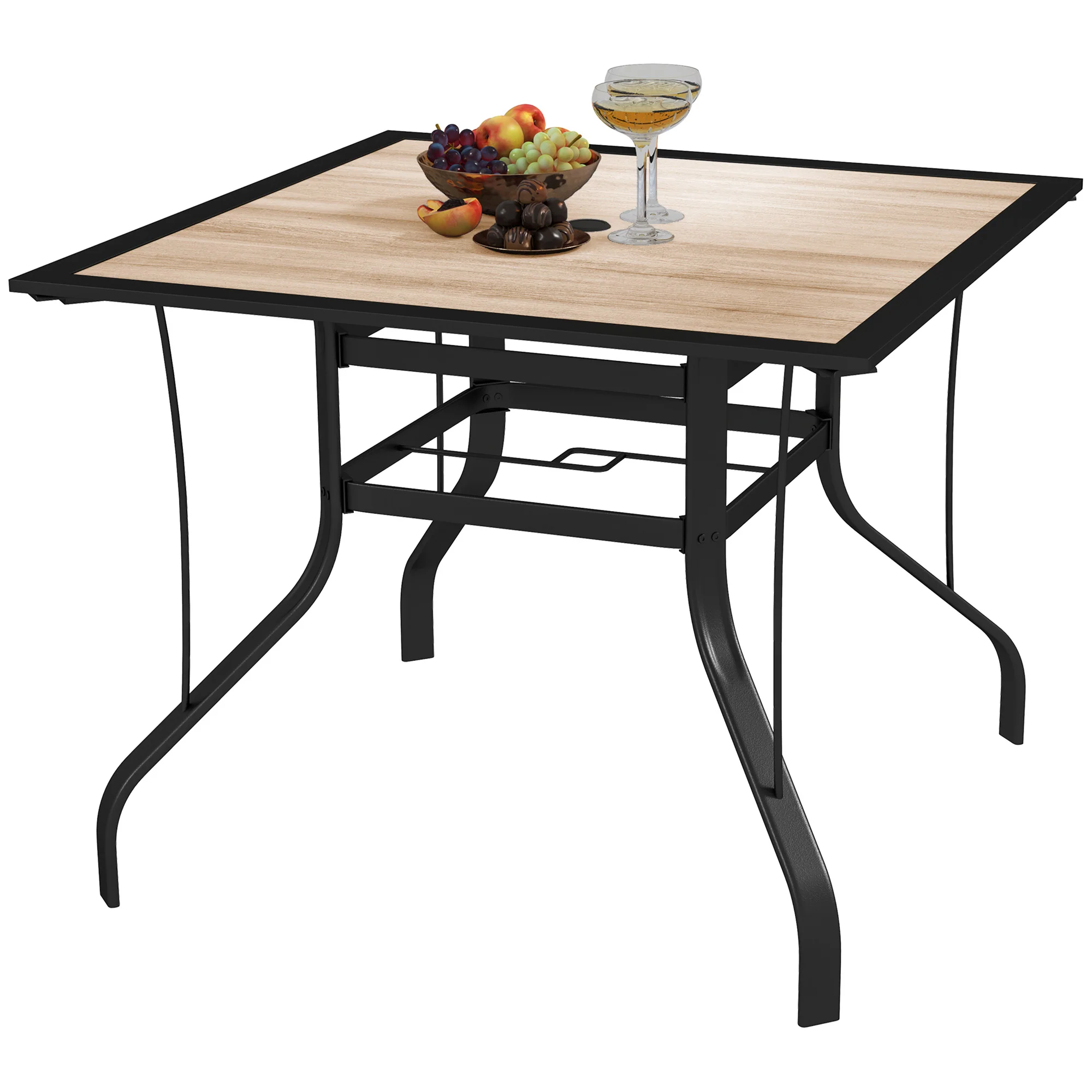 Square Patio Dining Table w/ Umbrella Hole & Rustproof Steel Frame for Garden Pool, Brown - Image 2