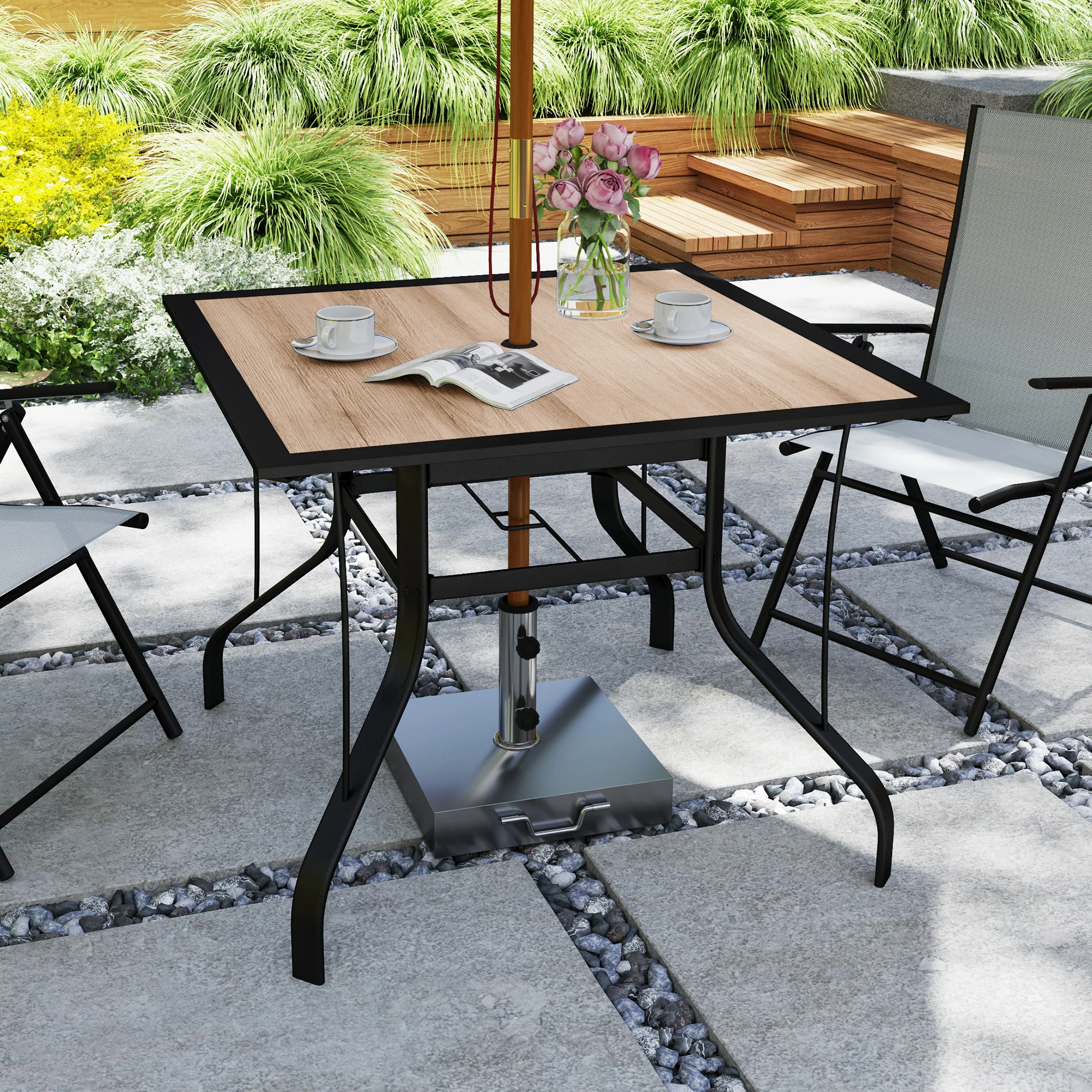 Square Patio Dining Table w/ Umbrella Hole & Rustproof Steel Frame for Garden Pool, Brown - Image 3