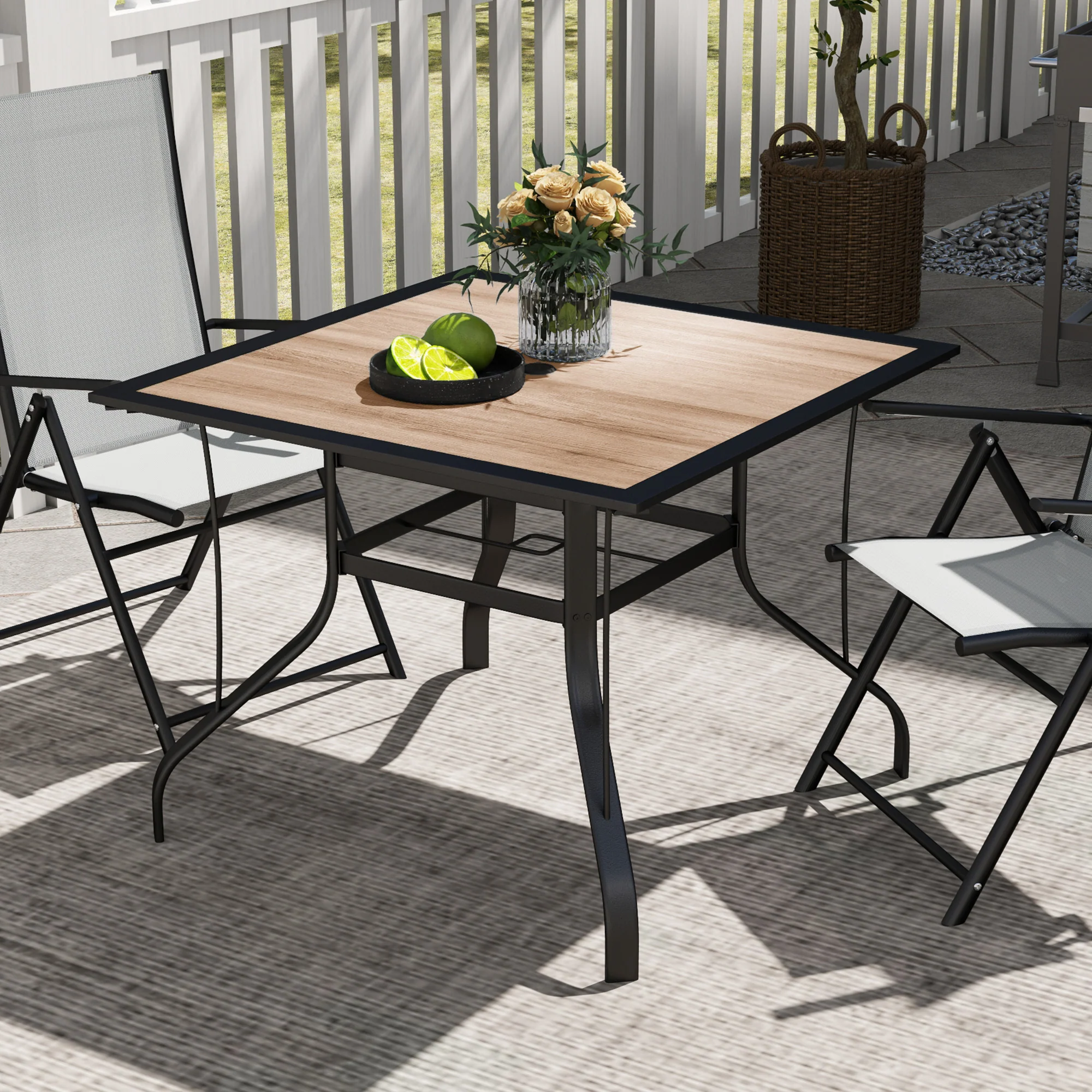 Square Patio Dining Table w/ Umbrella Hole & Rustproof Steel Frame for Garden Pool, Brown - Image 4