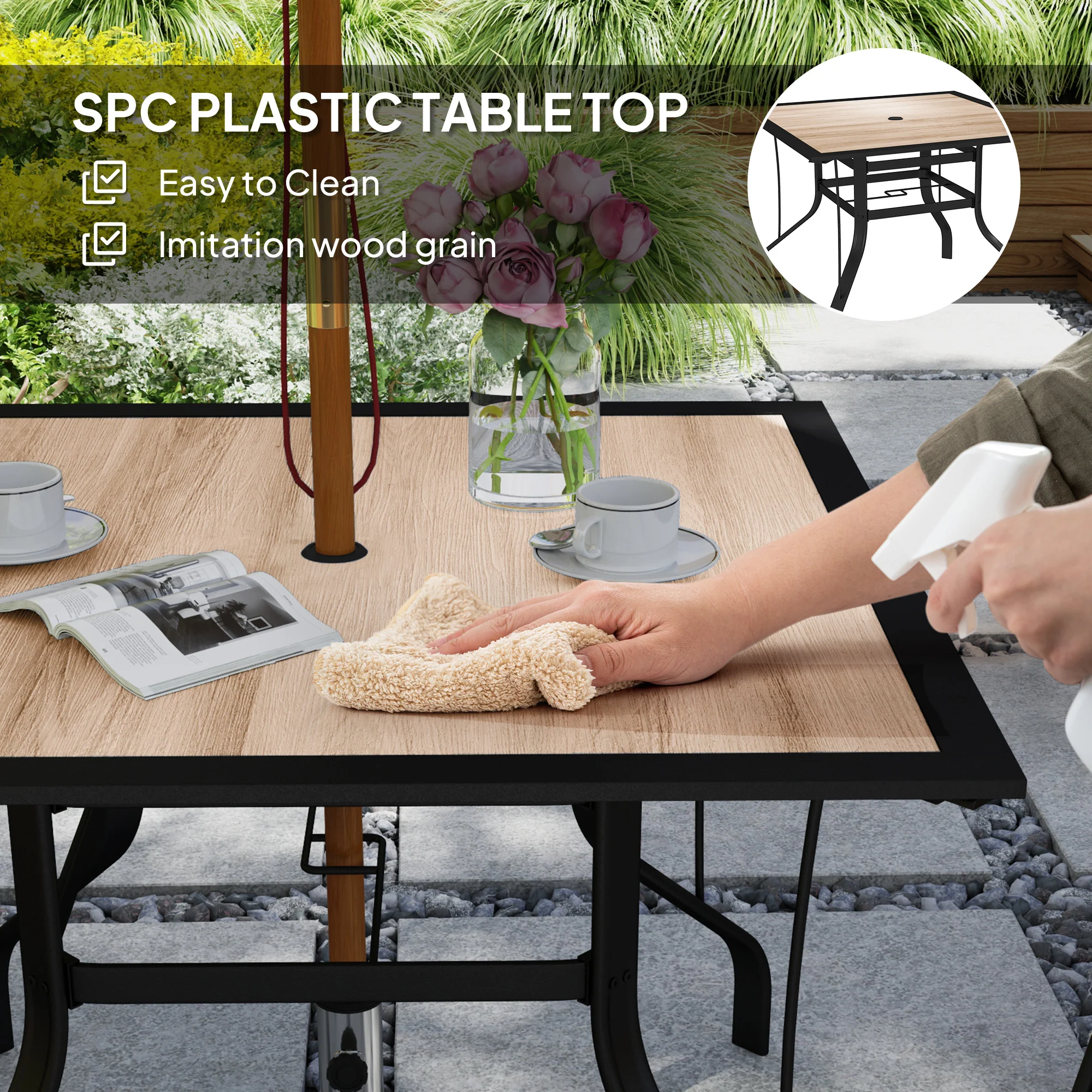 Square Patio Dining Table w/ Umbrella Hole & Rustproof Steel Frame for Garden Pool, Brown - Image 6