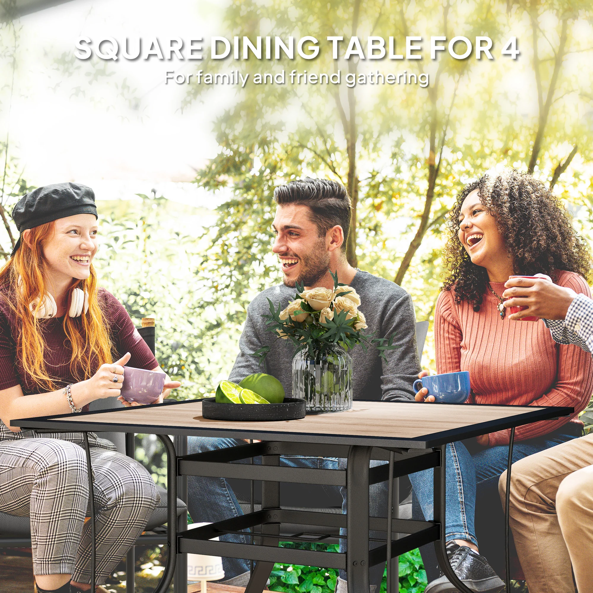 Square Patio Dining Table w/ Umbrella Hole & Rustproof Steel Frame for Garden Pool, Brown - Image 8