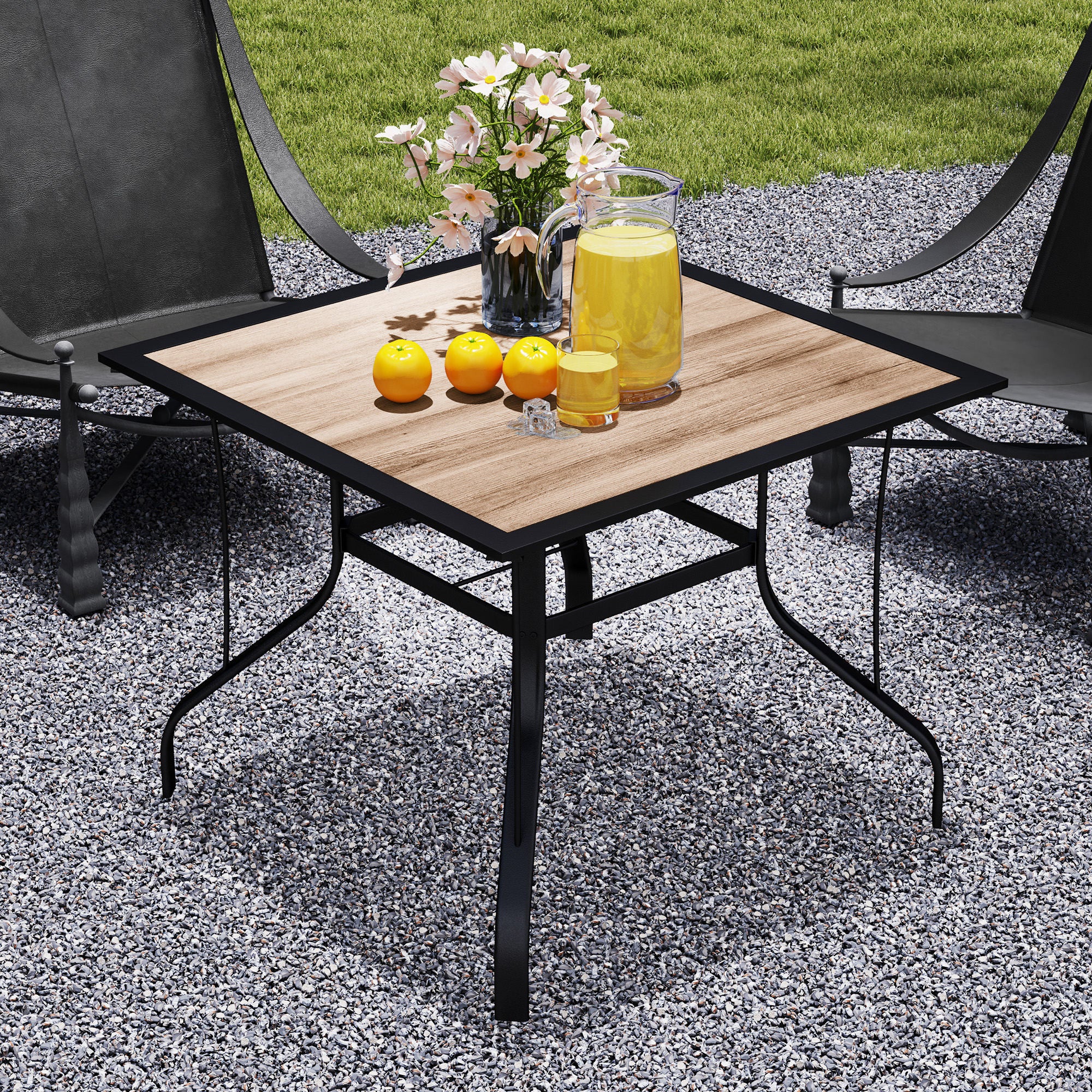 Square Patio Dining Table w/ Umbrella Hole & Rustproof Steel Frame for Garden Pool, Brown - Image 9