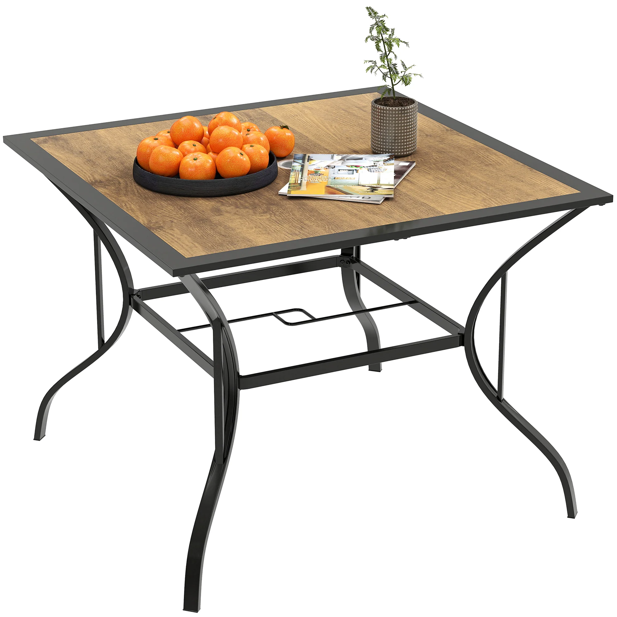 37" Garden Outdoor Dining Table for 4, Square Patio Table with Umbrella Hole, Mixed Brown