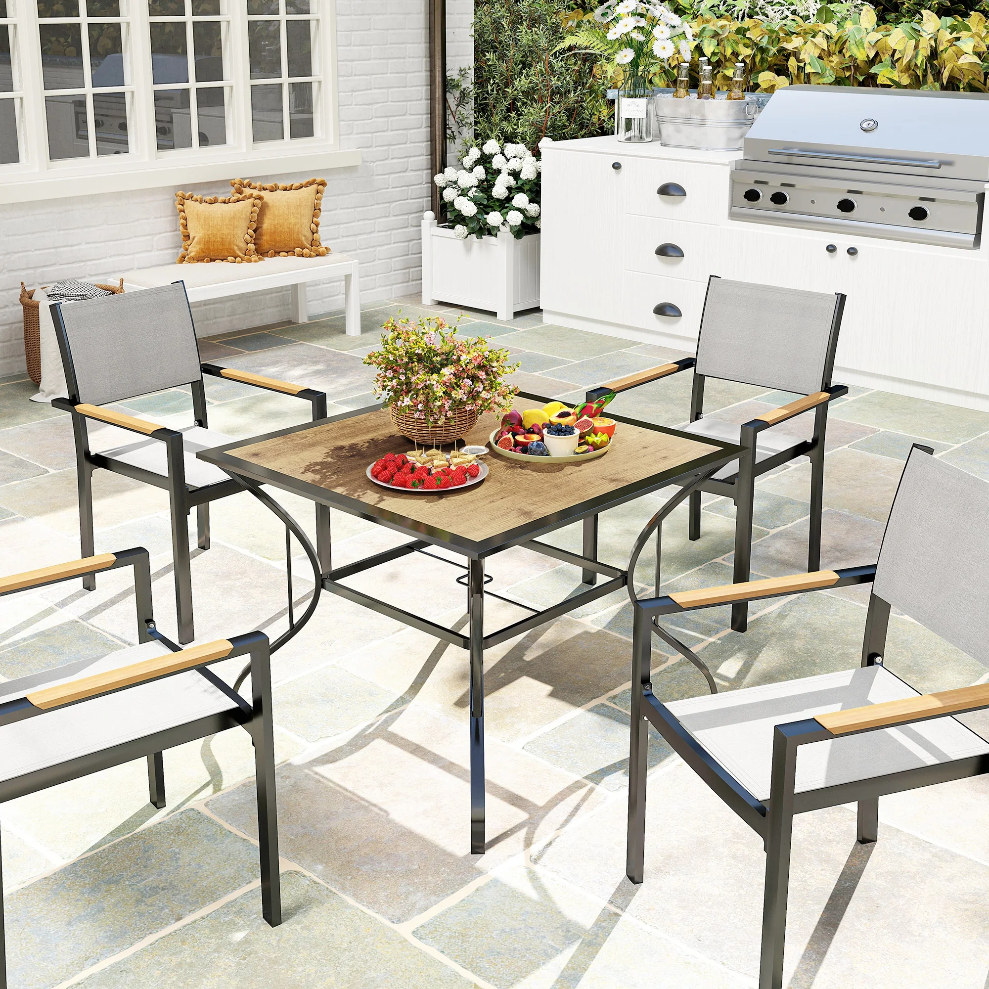 37" Garden Outdoor Dining Table for 4, Square Patio Table with Umbrella Hole, Mixed Brown - Image 11