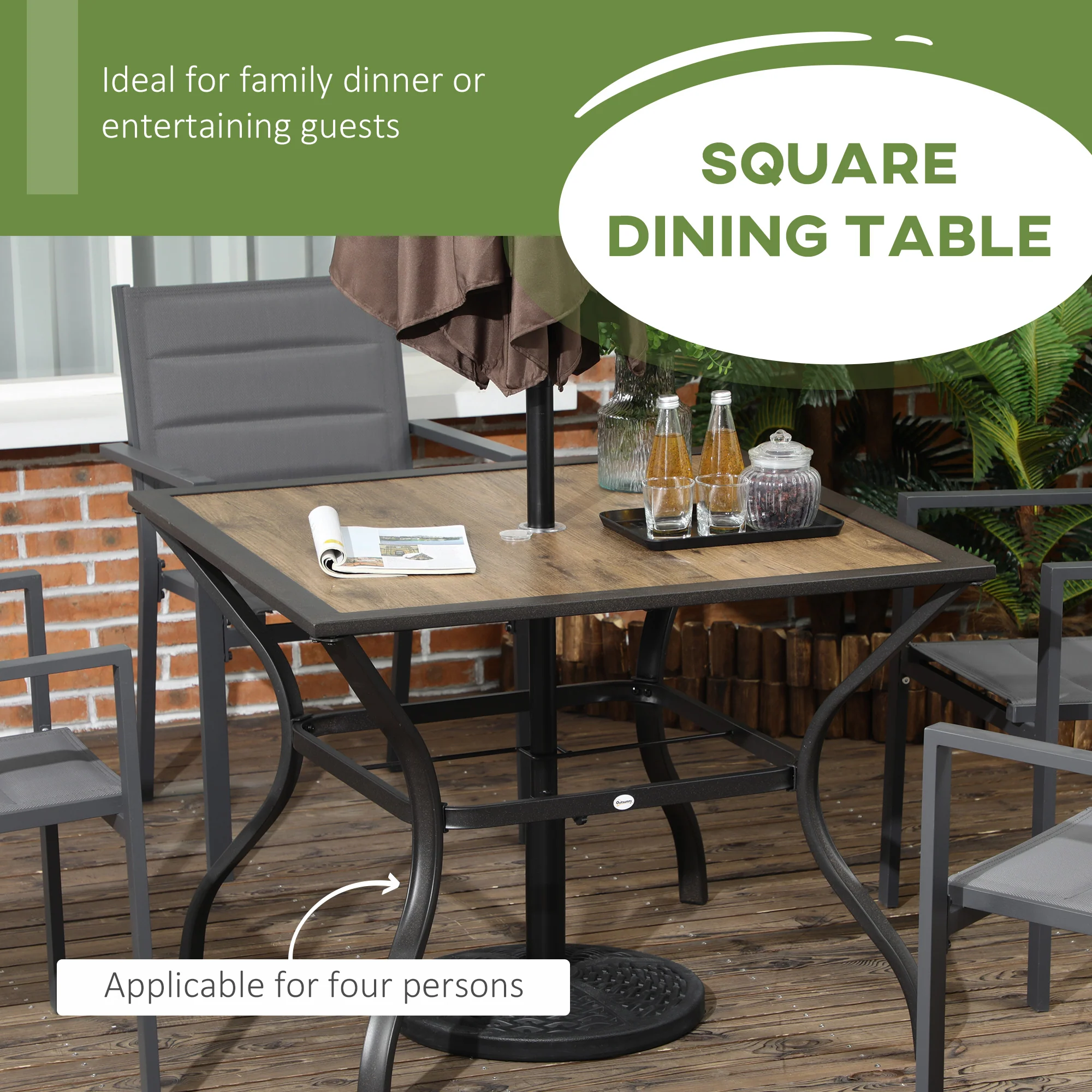 37" Garden Outdoor Dining Table for 4, Square Patio Table with Umbrella Hole, Mixed Brown - Image 6