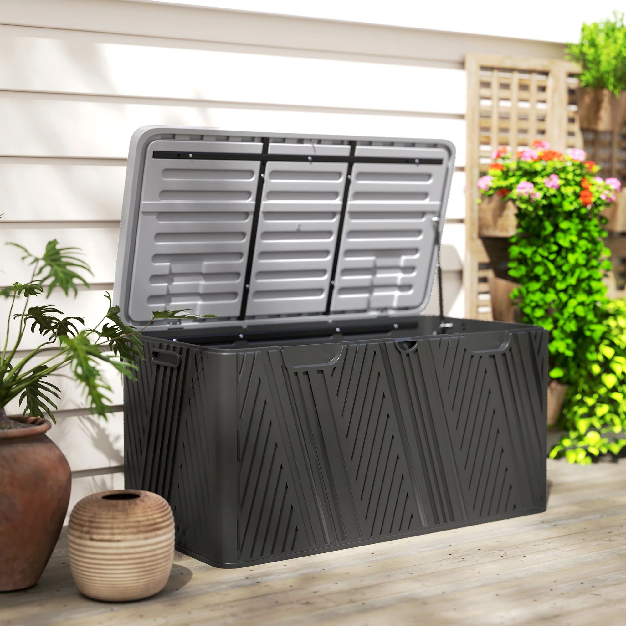 380L Waterproof Plastic Outdoor Storage Box, Lockable Garden Storage Box, Black - Image 10