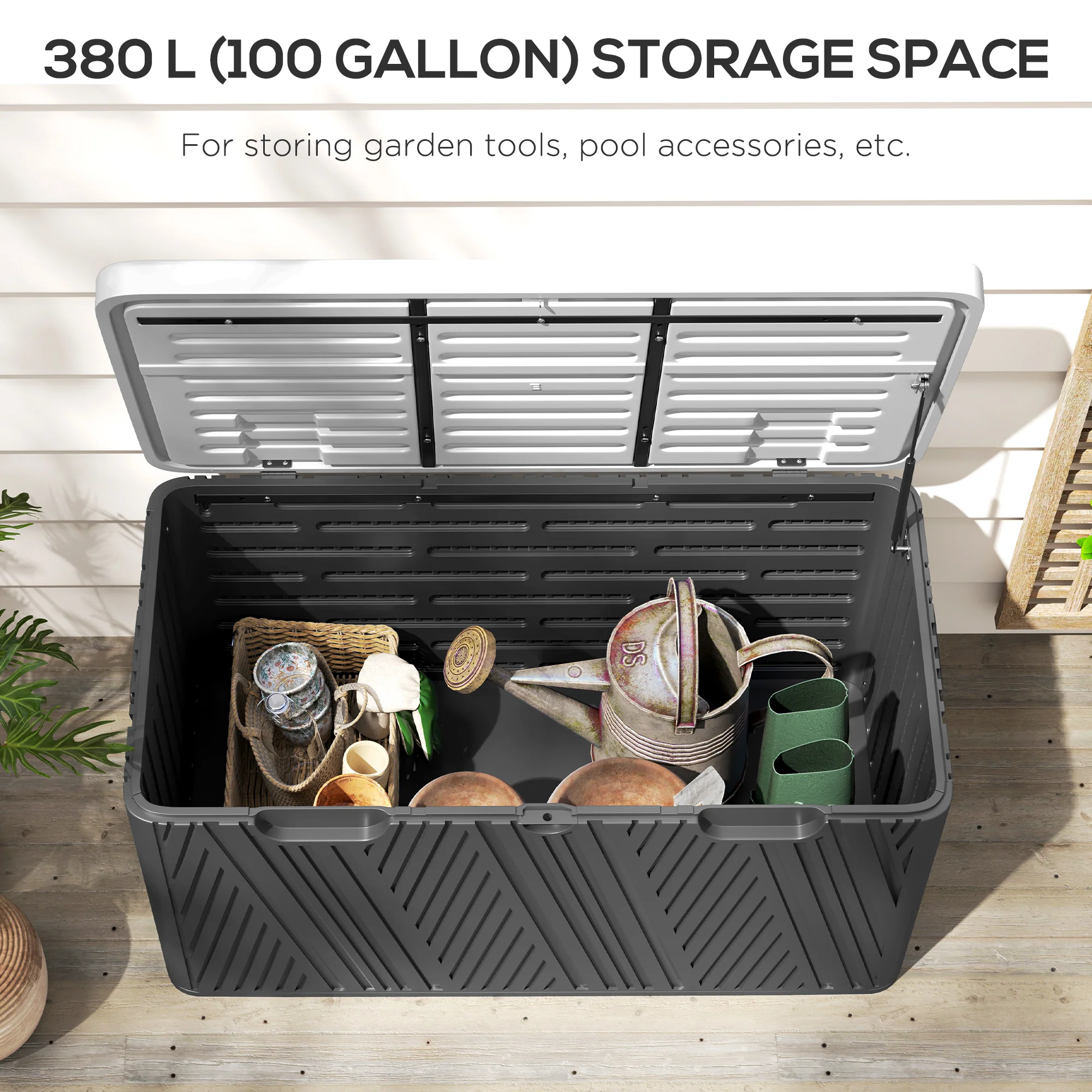 380L Waterproof Plastic Outdoor Storage Box, Lockable Garden Storage Box, Black - Image 6