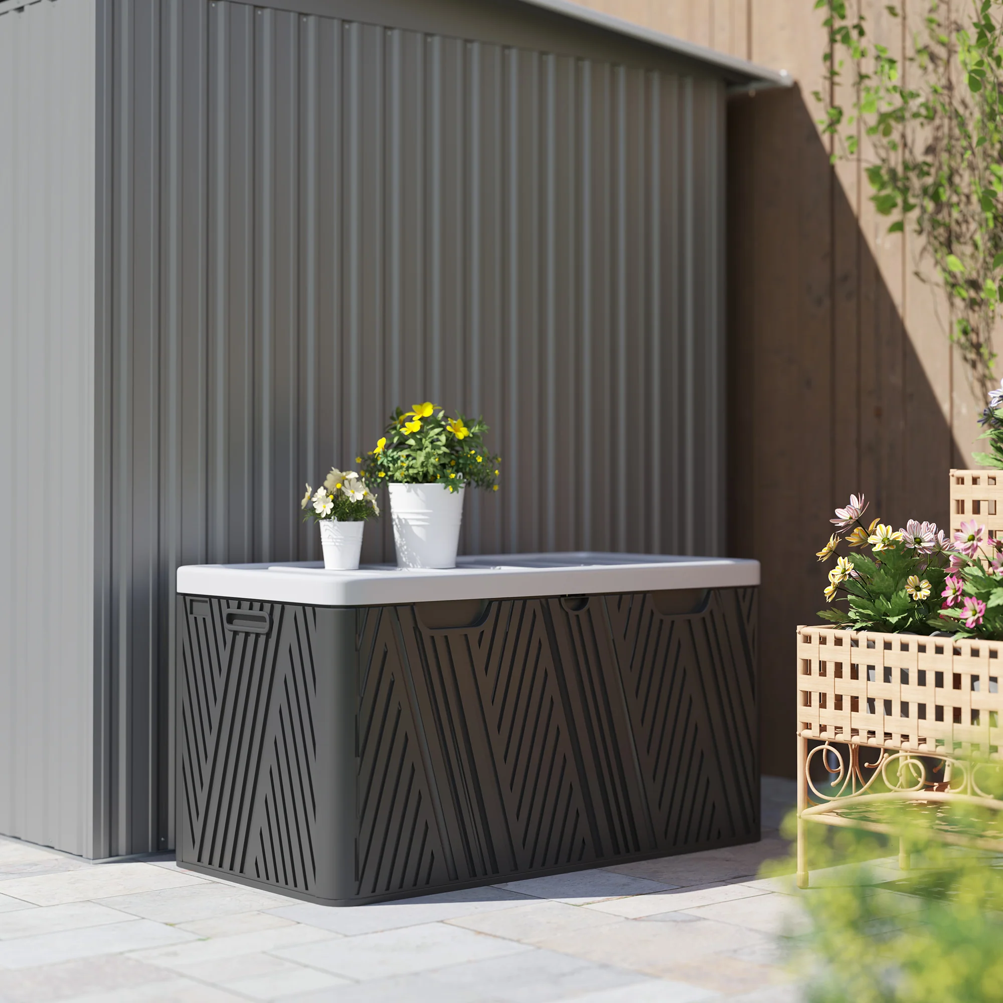 380L Waterproof Plastic Outdoor Storage Box, Lockable Garden Storage Box, Black - Image 9