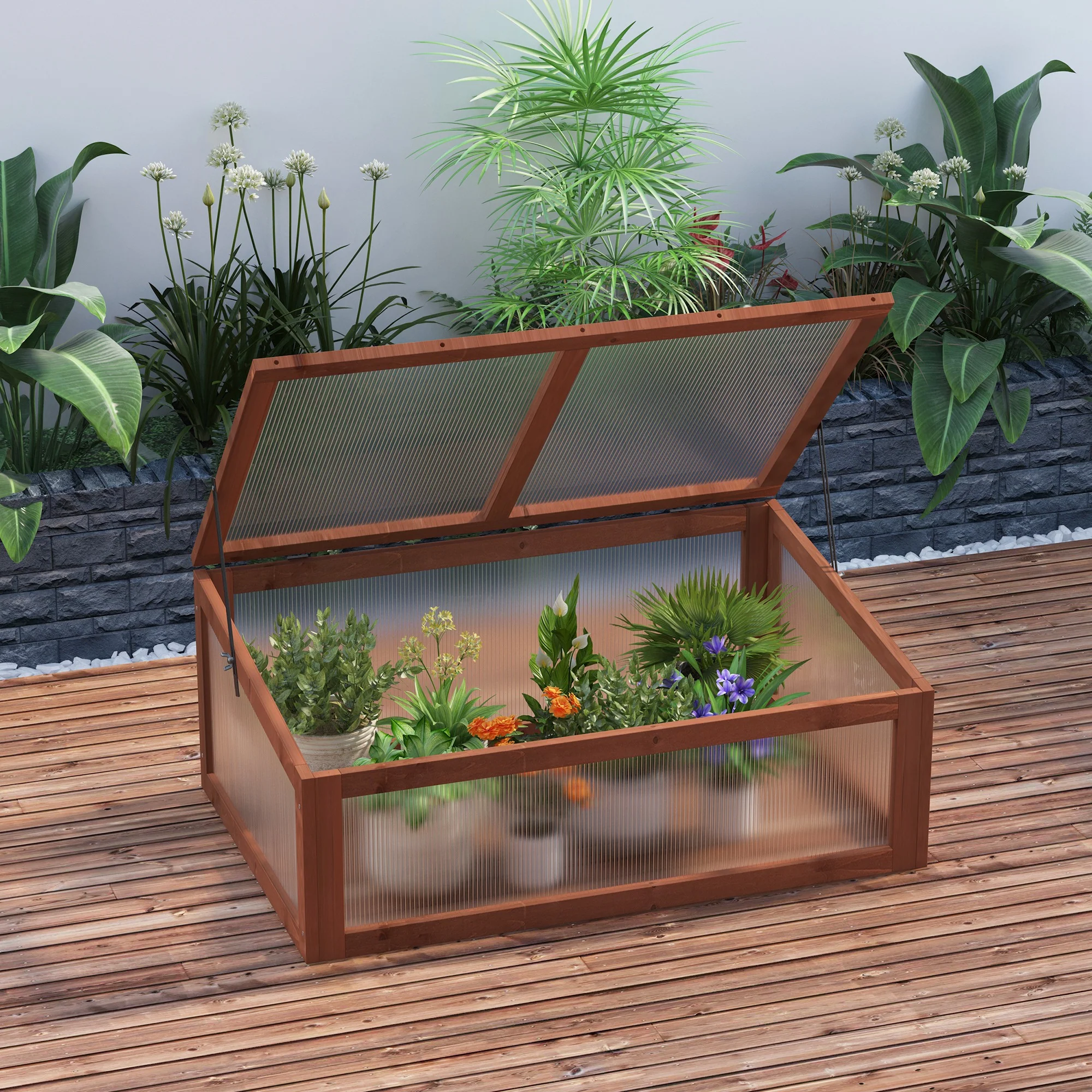 NookGrow Wooden Cold Frame with Tilted Polycarbonate Top, 39" x 26" x 16", Brown - Image 3