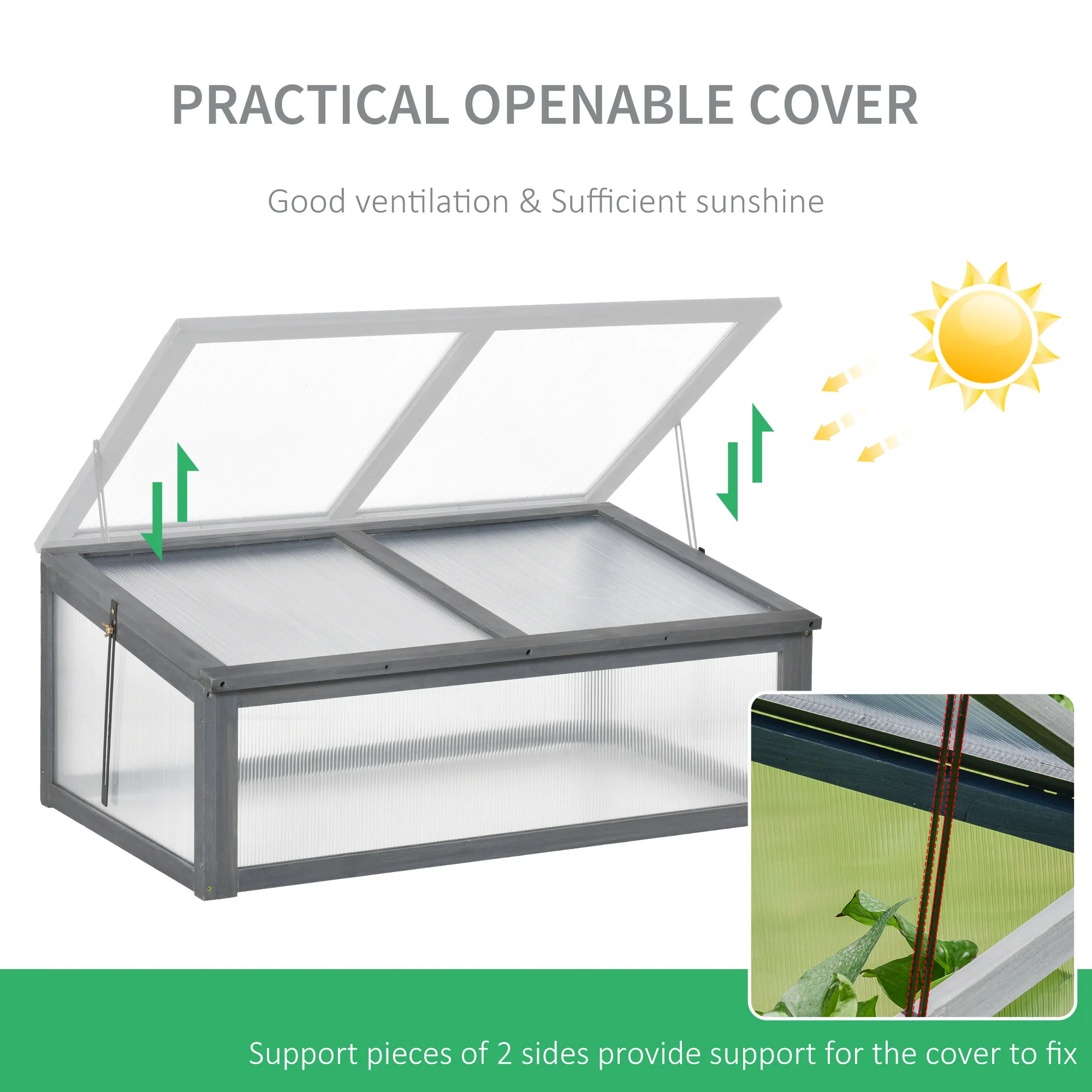 NookGrow Wooden Cold Frame with Tilted Polycarbonate Top, 39" x 26" x 16", Grey - Image 6