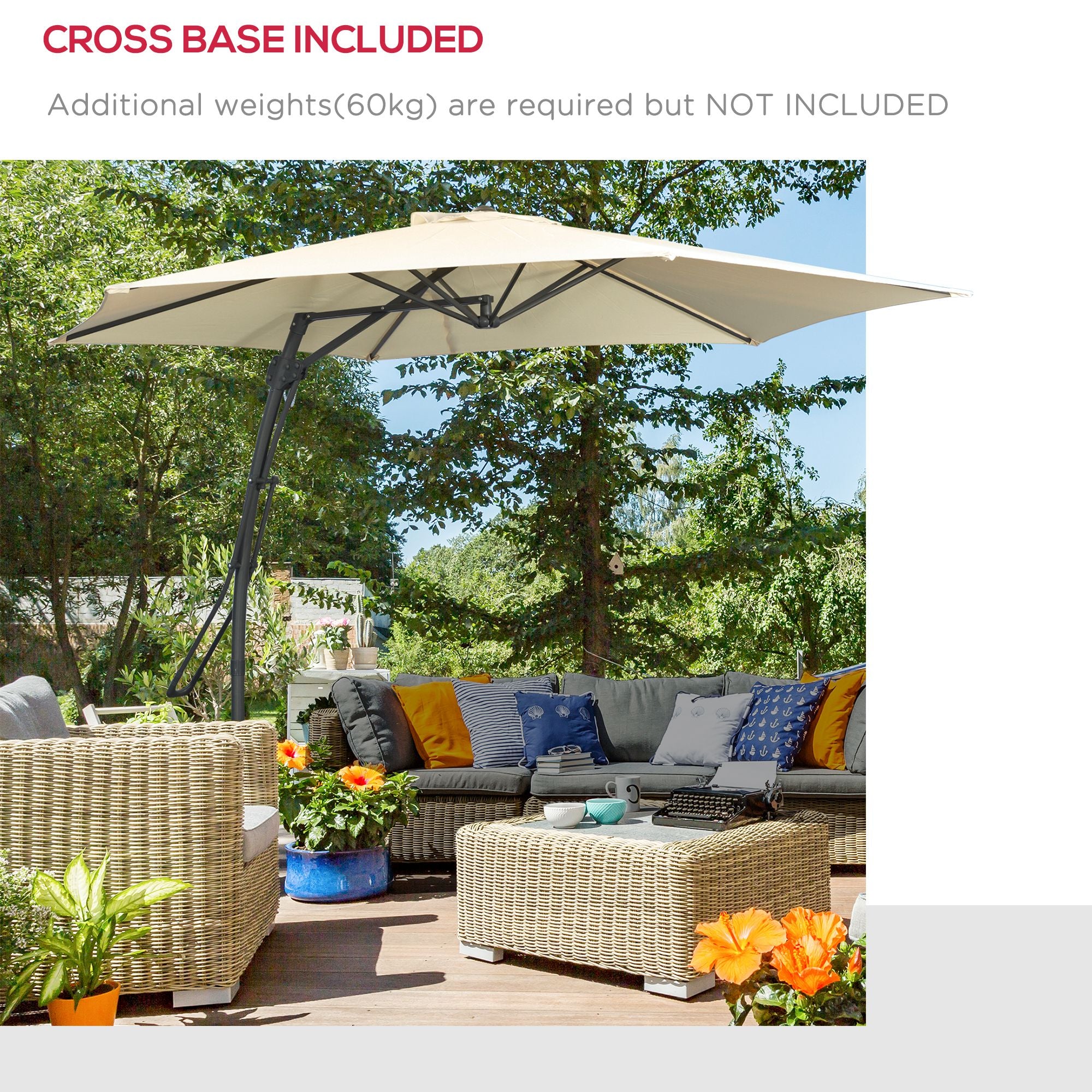 3m Offset Patio Cantilever Umbrella with Crank Handle, Base, 6 Metal Ribs, White - Image 8