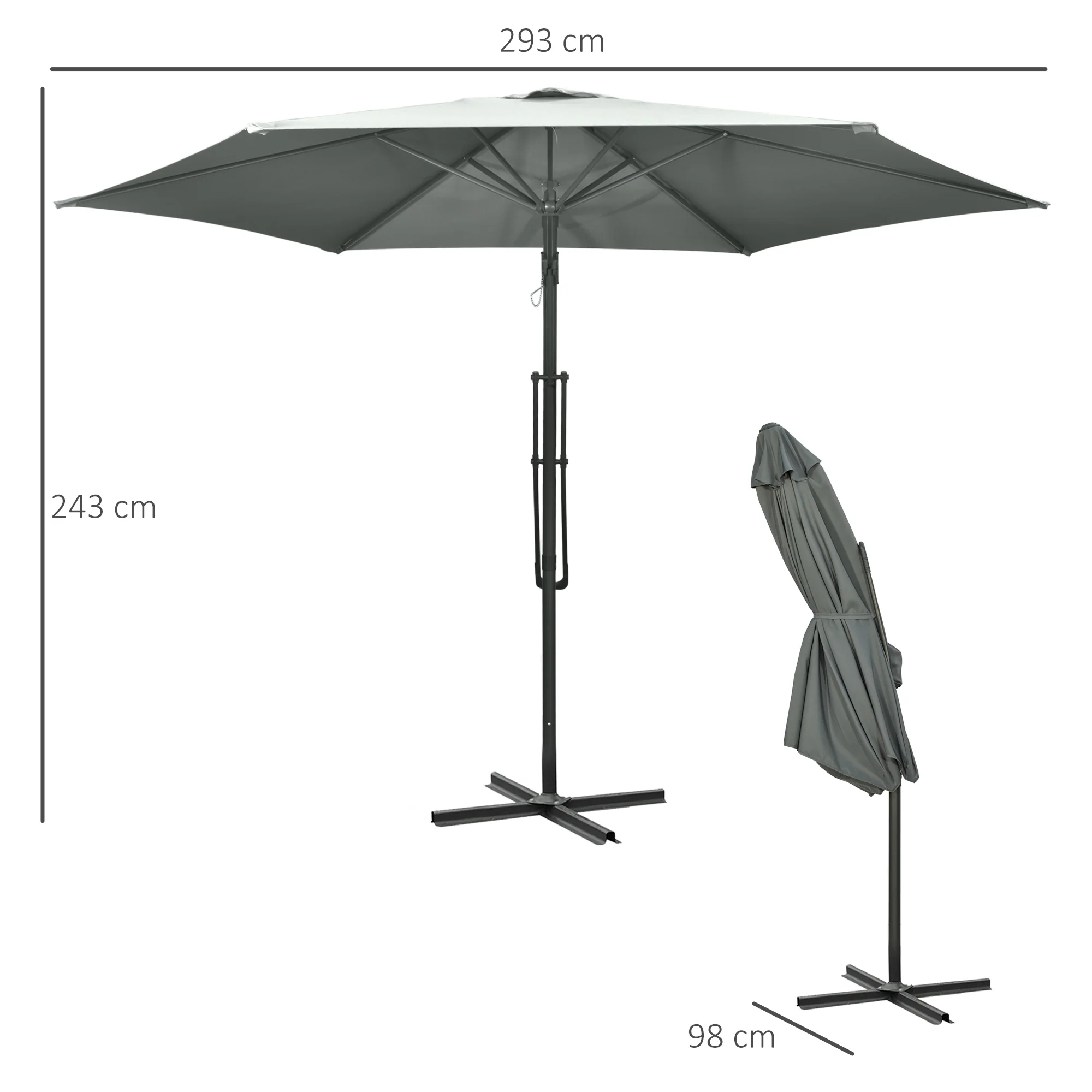 3m Offset Patio Cantilever Umbrella with Crank Handle, Base, 6 Metal Ribs, Grey - Image 5