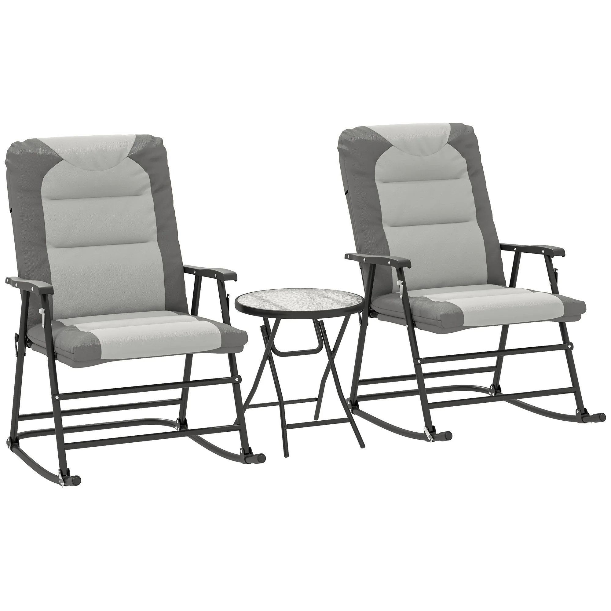 3pc Patio Foldable Rocking Chair Set, Outdoor Rocking Chairs and Table Bistro Set, Light Grey - Image 2