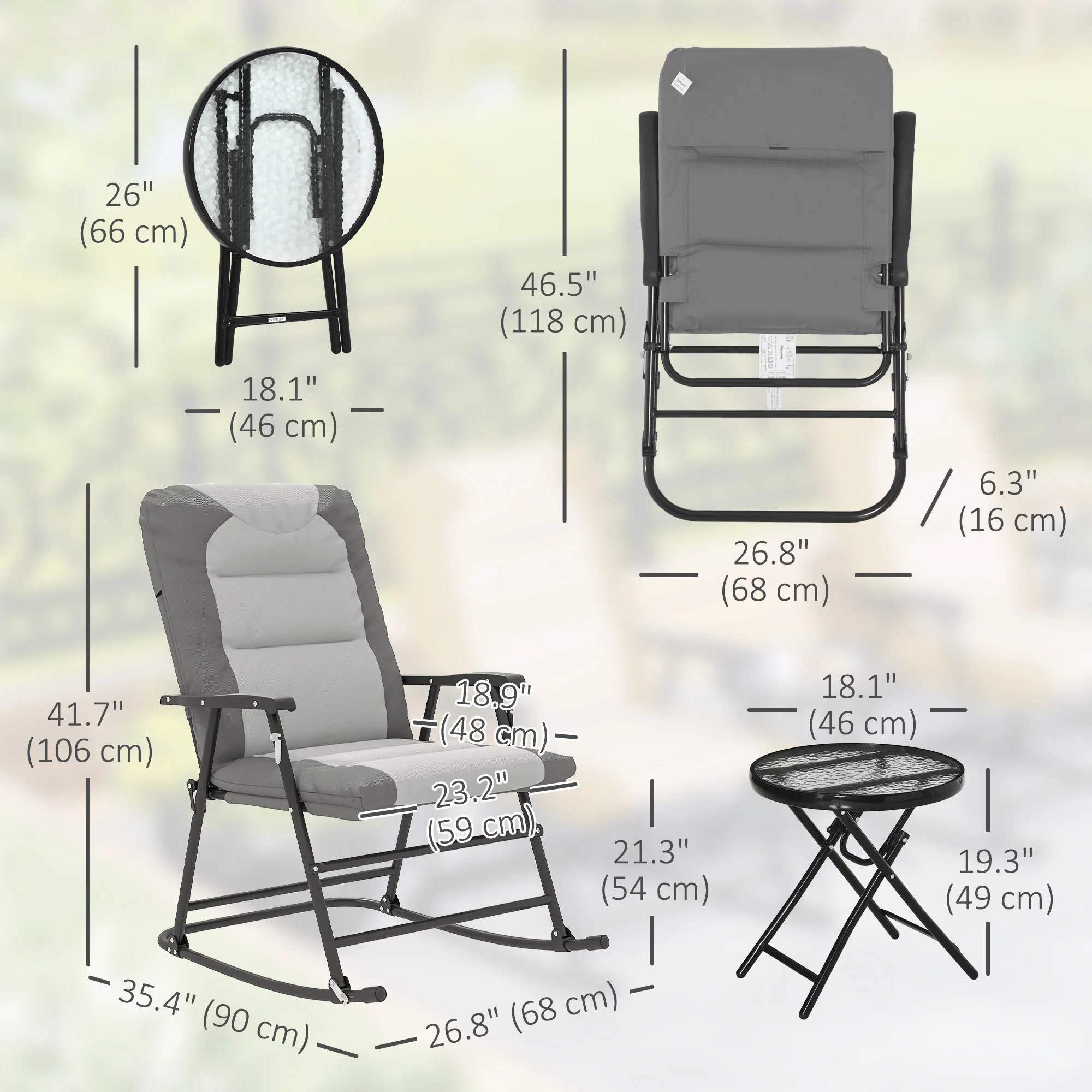3pc Patio Foldable Rocking Chair Set, Outdoor Rocking Chairs and Table Bistro Set, Light Grey - Image 5