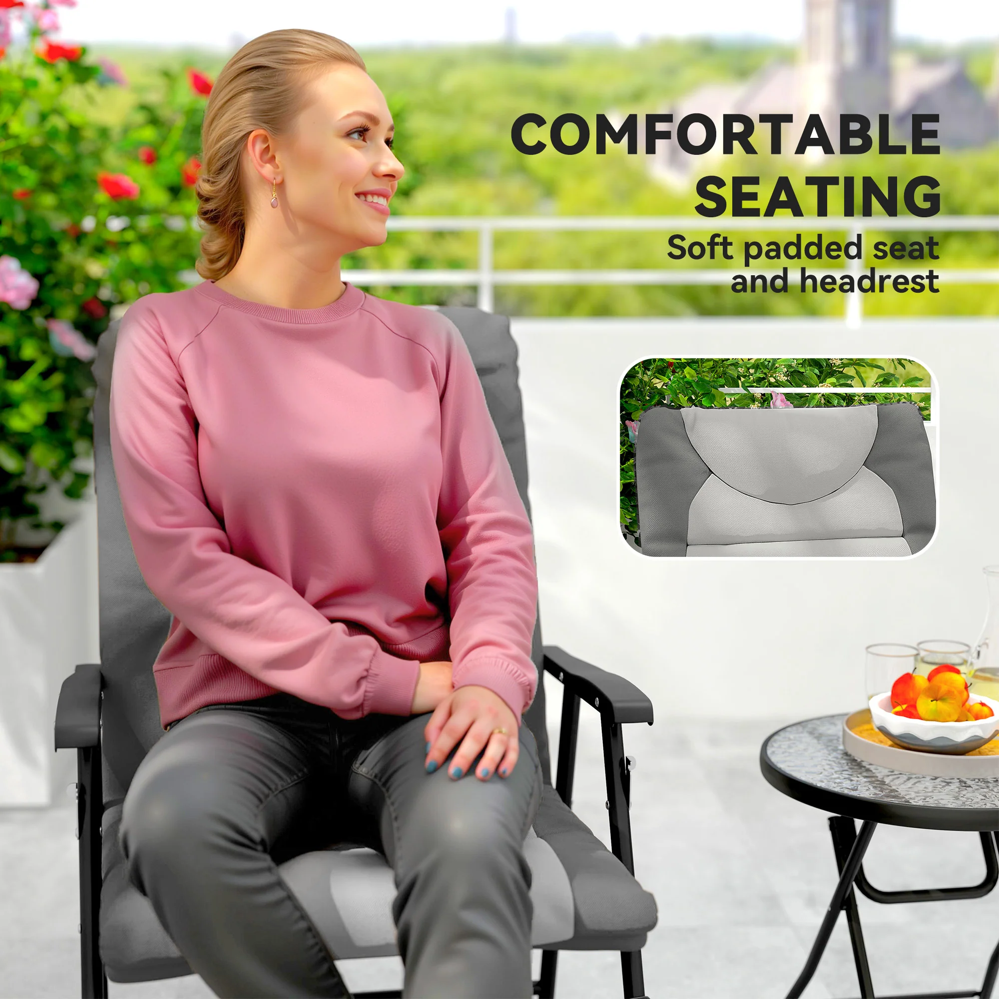 3pc Patio Foldable Rocking Chair Set, Outdoor Rocking Chairs and Table Bistro Set, Light Grey - Image 9